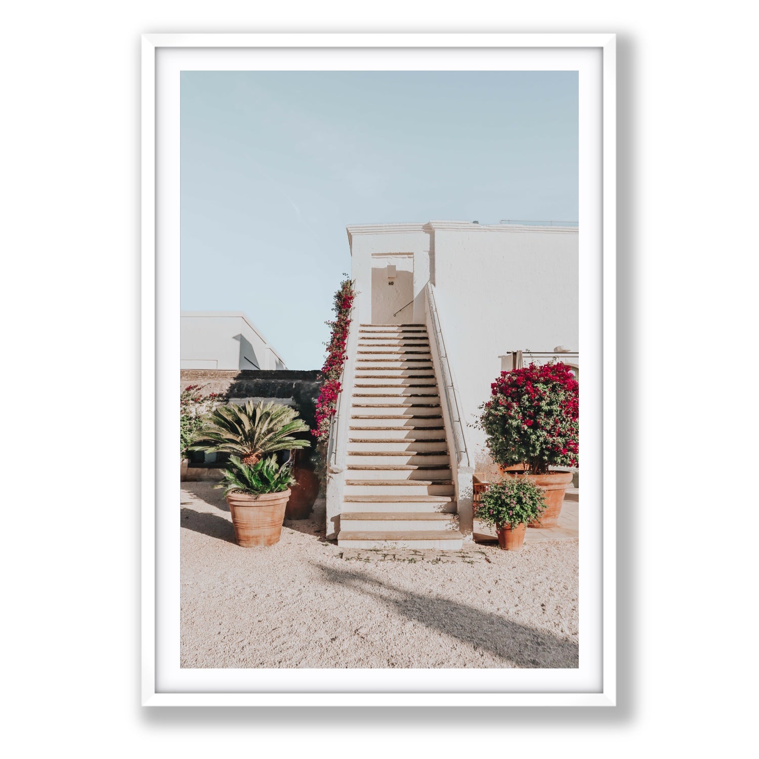 Tranquil Ascent Puglia Italian wall art Statement fine art print in white frame with matboard