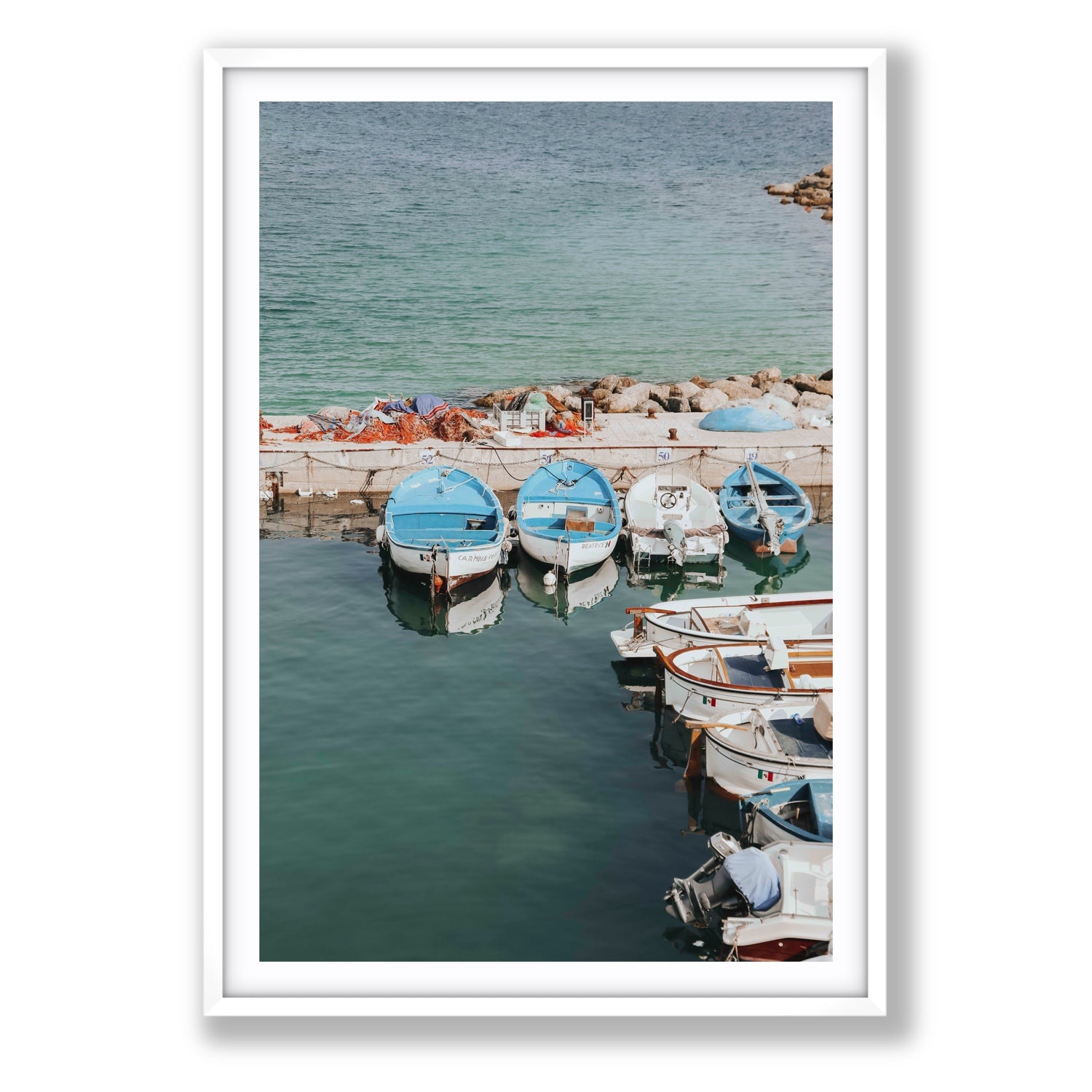 Maritime Memories Puglia Harbour Reflections coastal wall art Statement fine art print in white frame with matboard