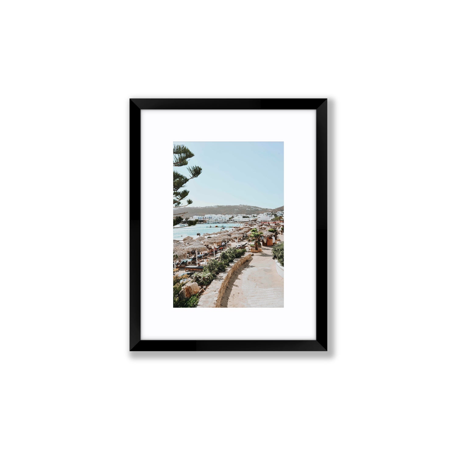 All Roads Lead To The Beach Mykonos Greek island wall art Small fine art print in black frame with matboard