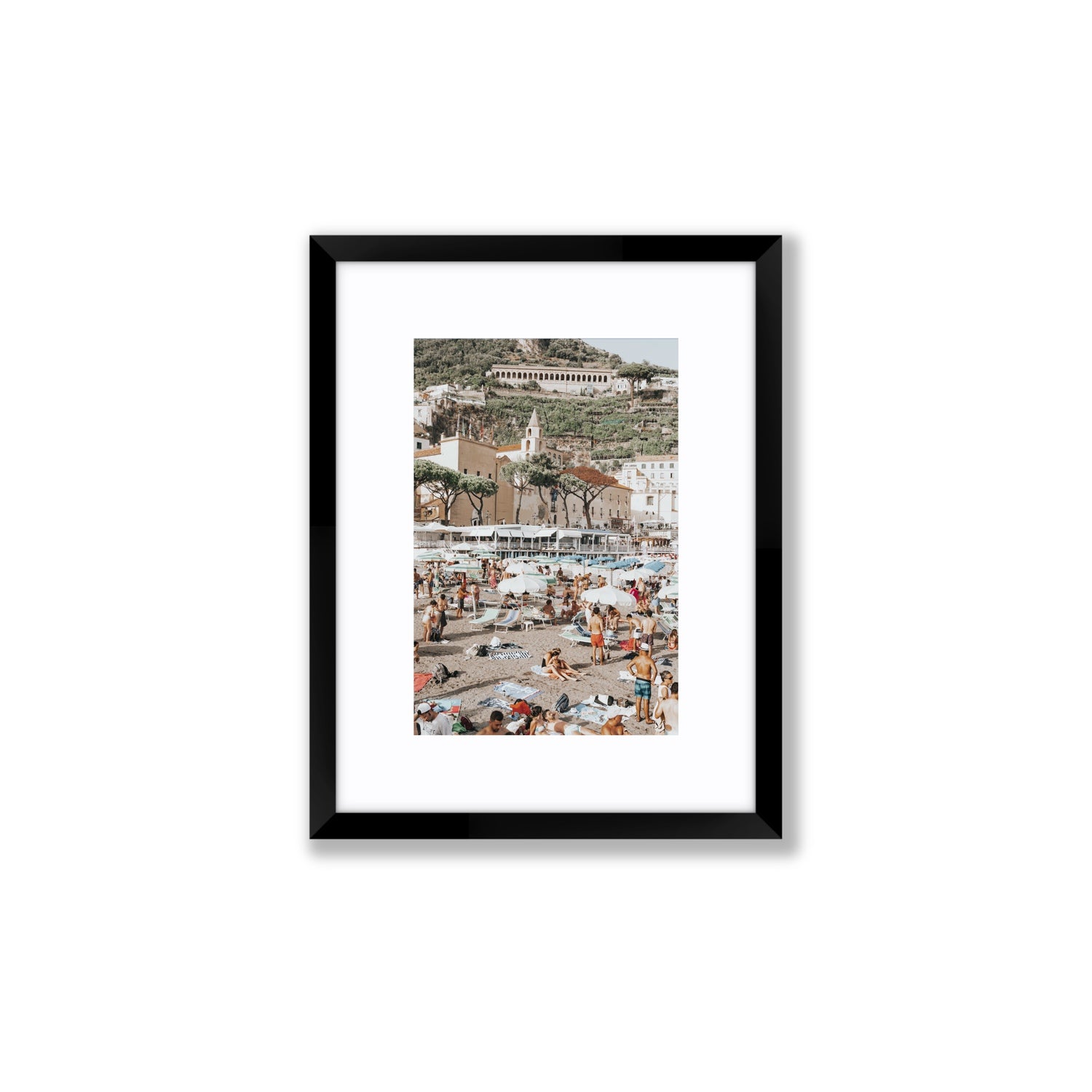 Festa In Spiaggia Amalfi coastal wall art Small fine art print in black frame with matboard