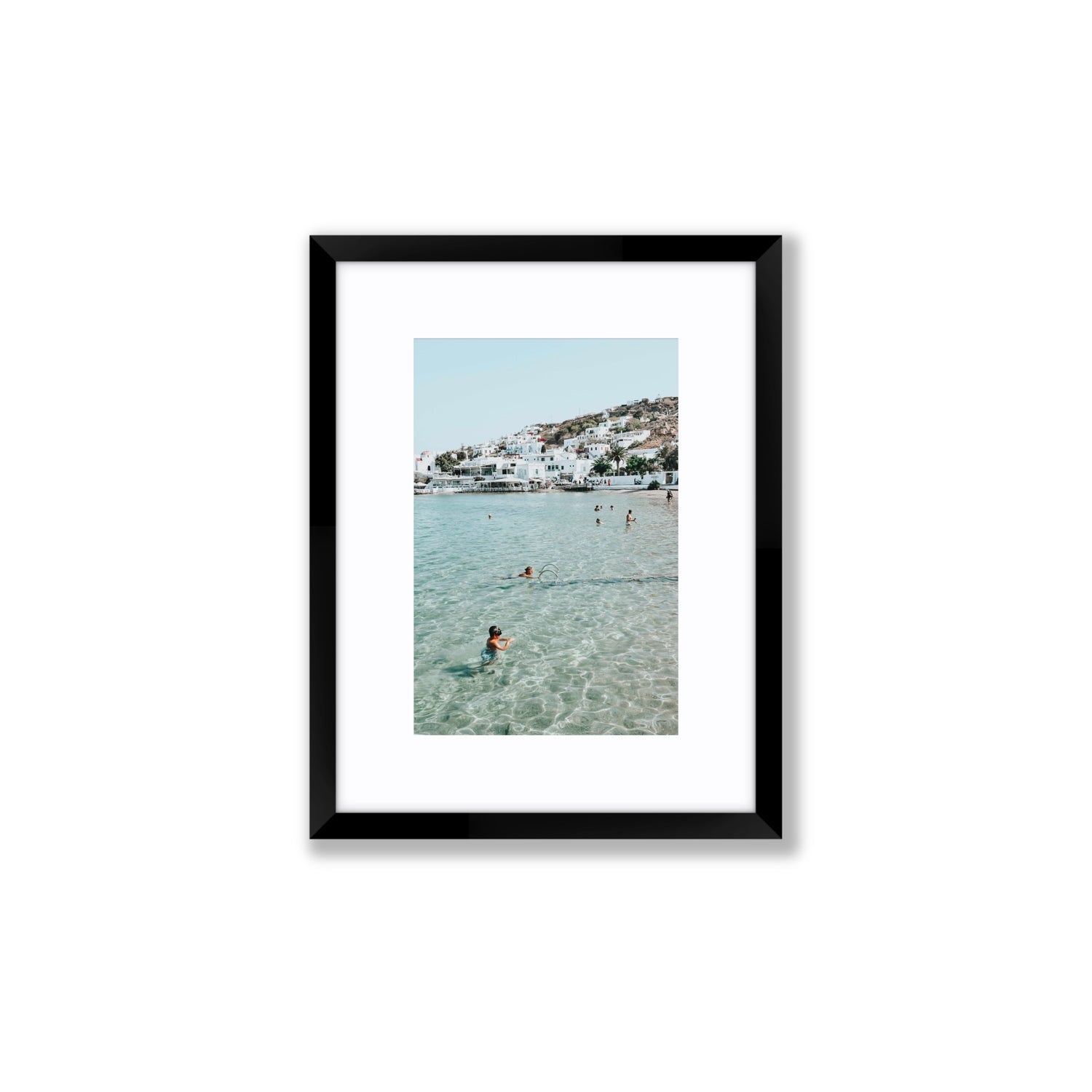 Beside The Seaside Mykonos beach Greek island wall art Small fine art print in black frame with matboard