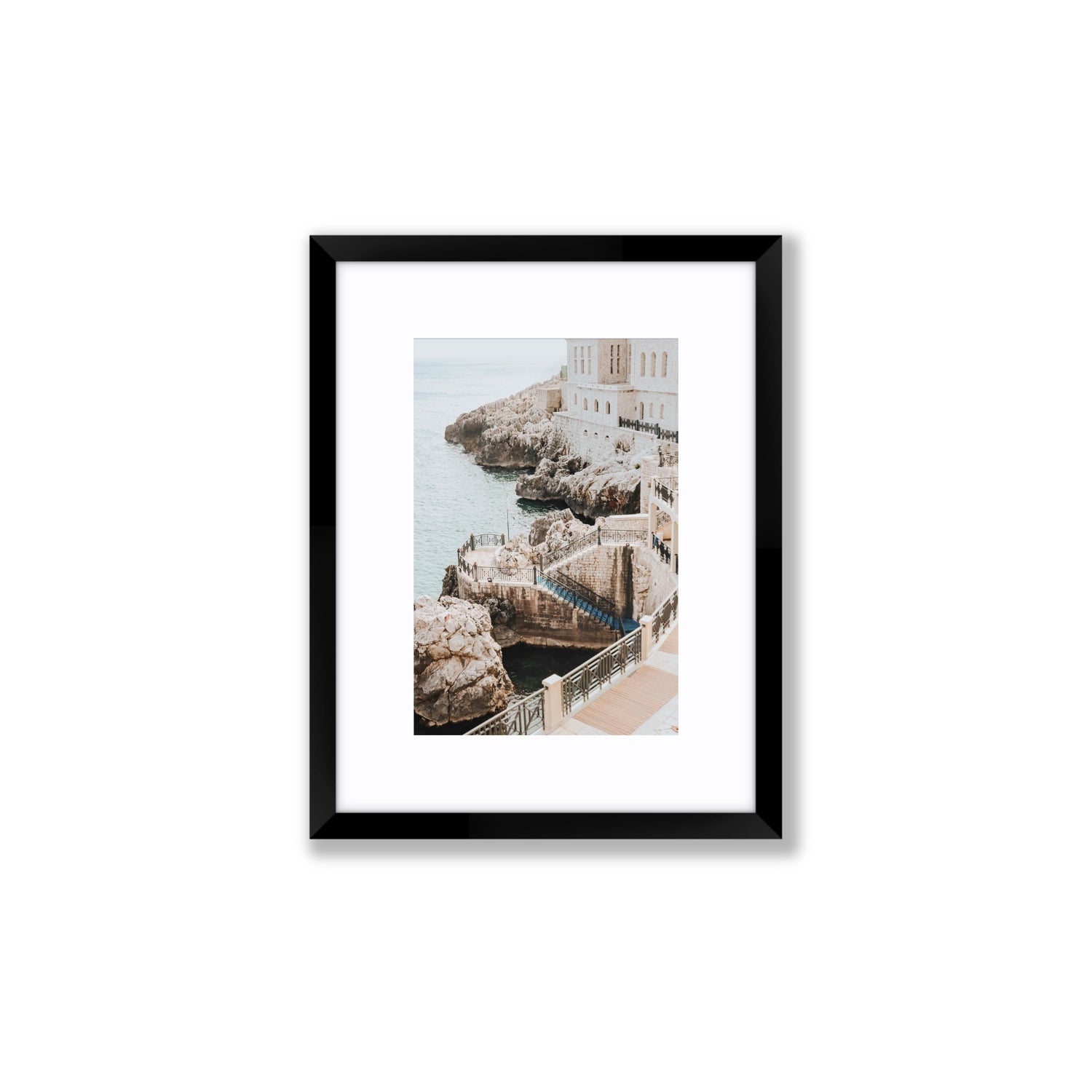 Wellness Centre Puglia coastal wall art Small fine art print in black frame with matboard