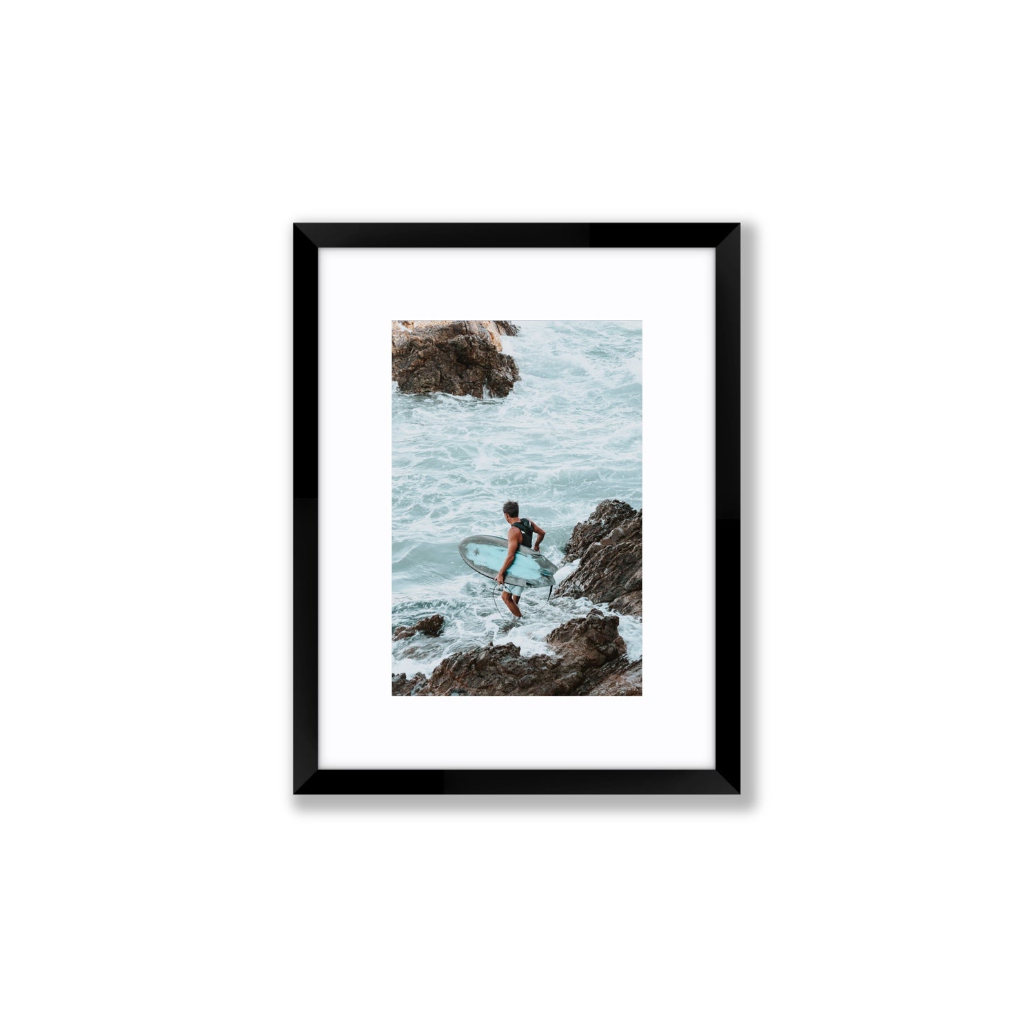 Into The Soup Byron Bay Surf coastal wall art Small fine art print in black frame with matboard