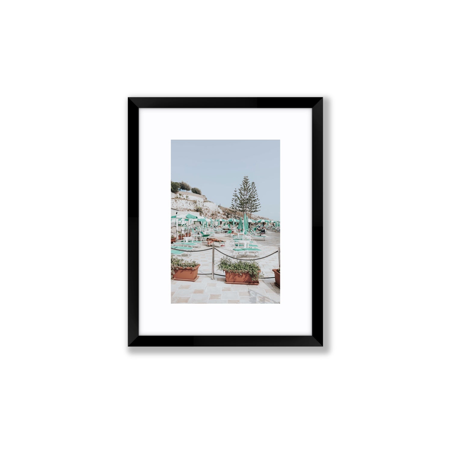 Siesta on The Terrace Puglia coastal wall art Small fine art print in black frame with matboard