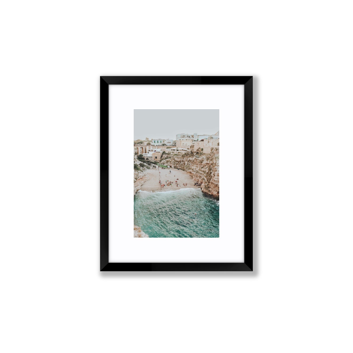 Polignano Vista Puglia coastal Italian beach fine art print Small fine art print in black frame with matboard
