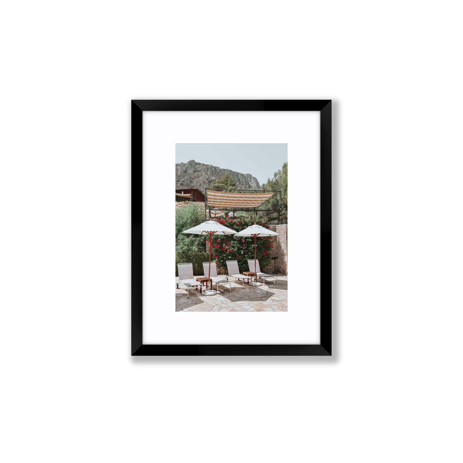 Shades of Leisure Tuscany coastal Italian wall art Small fine art print in black frame with matboard