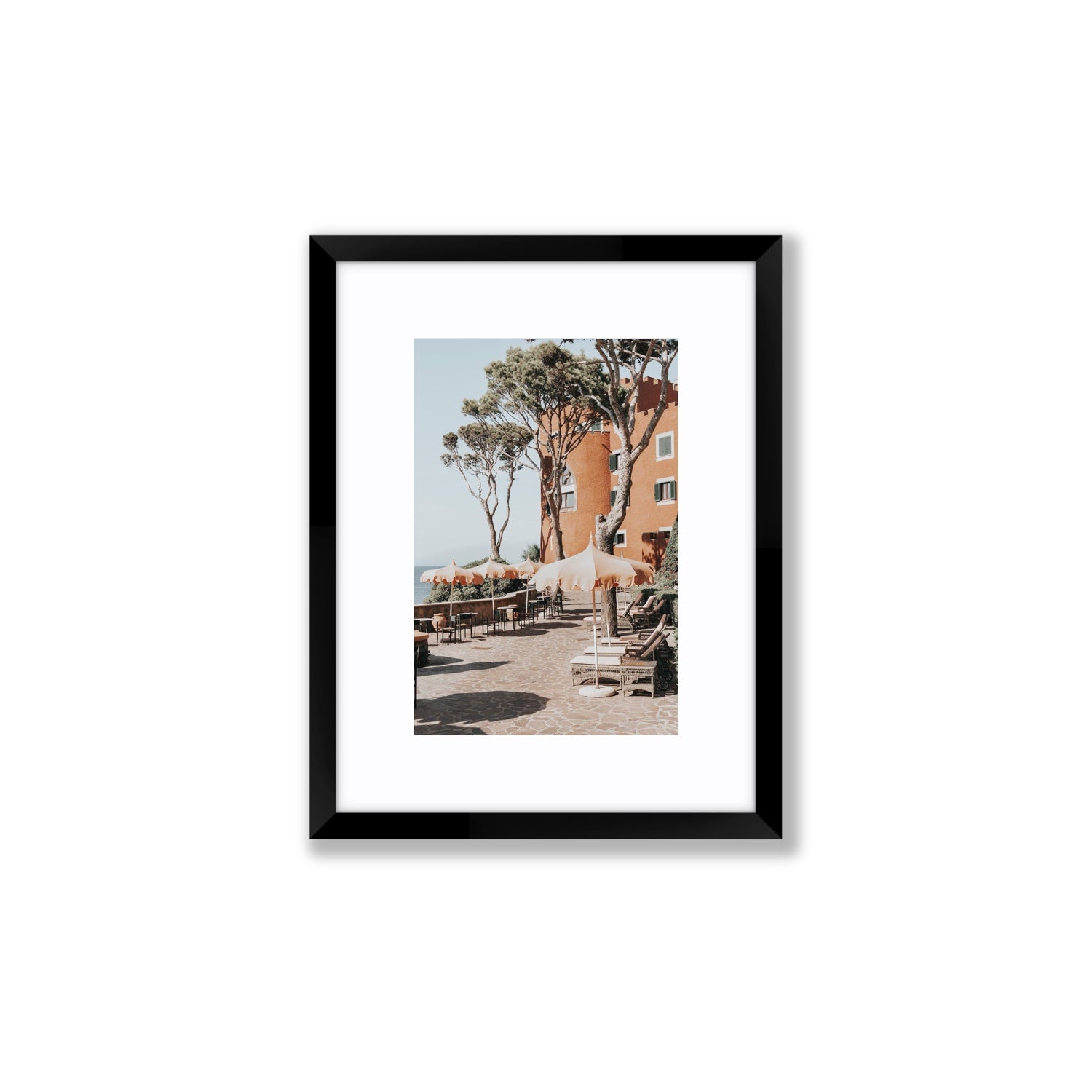 Mezzatorre Ischia Italian Mediterranean decor wall art Small fine art print in black frame with matboard