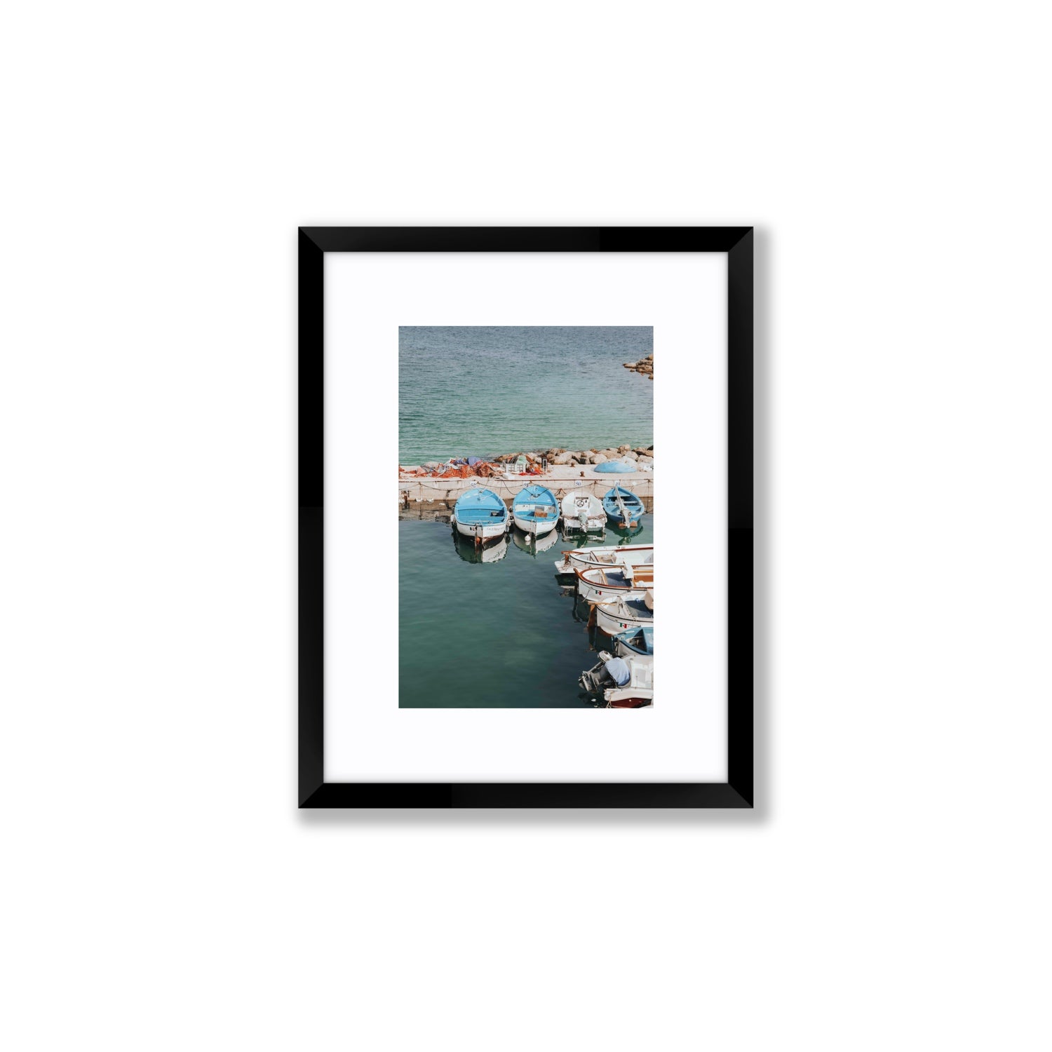 Maritime Memories Puglia Harbour Reflections coastal wall art Small fine art print in black frame with matboard