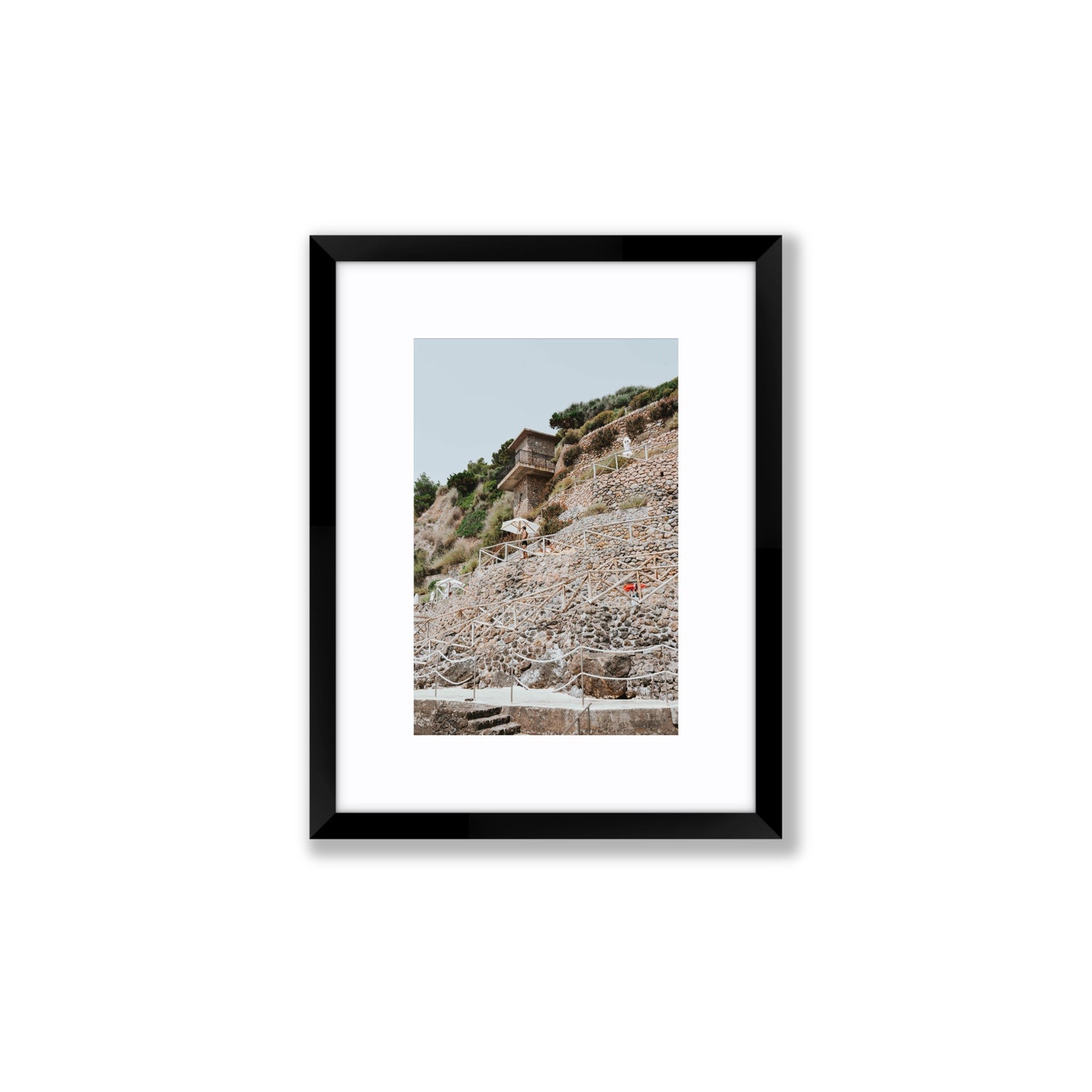 Solitude by the Sea Tuscany coastal Italian wall art Small fine art print in black frame with matboard