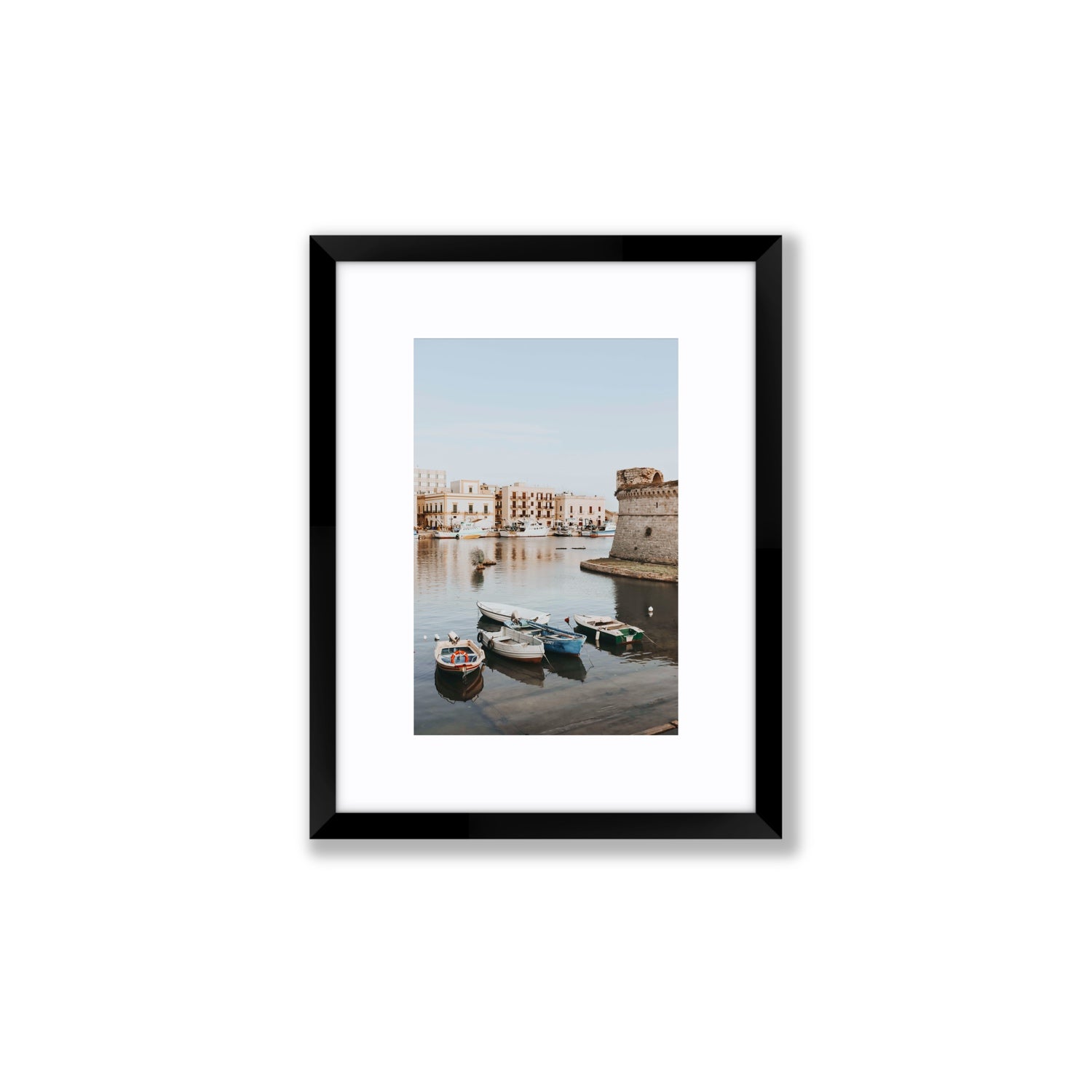 Gallipoli Harbour Puglia coastal wall art Small fine art print in black frame with matboard
