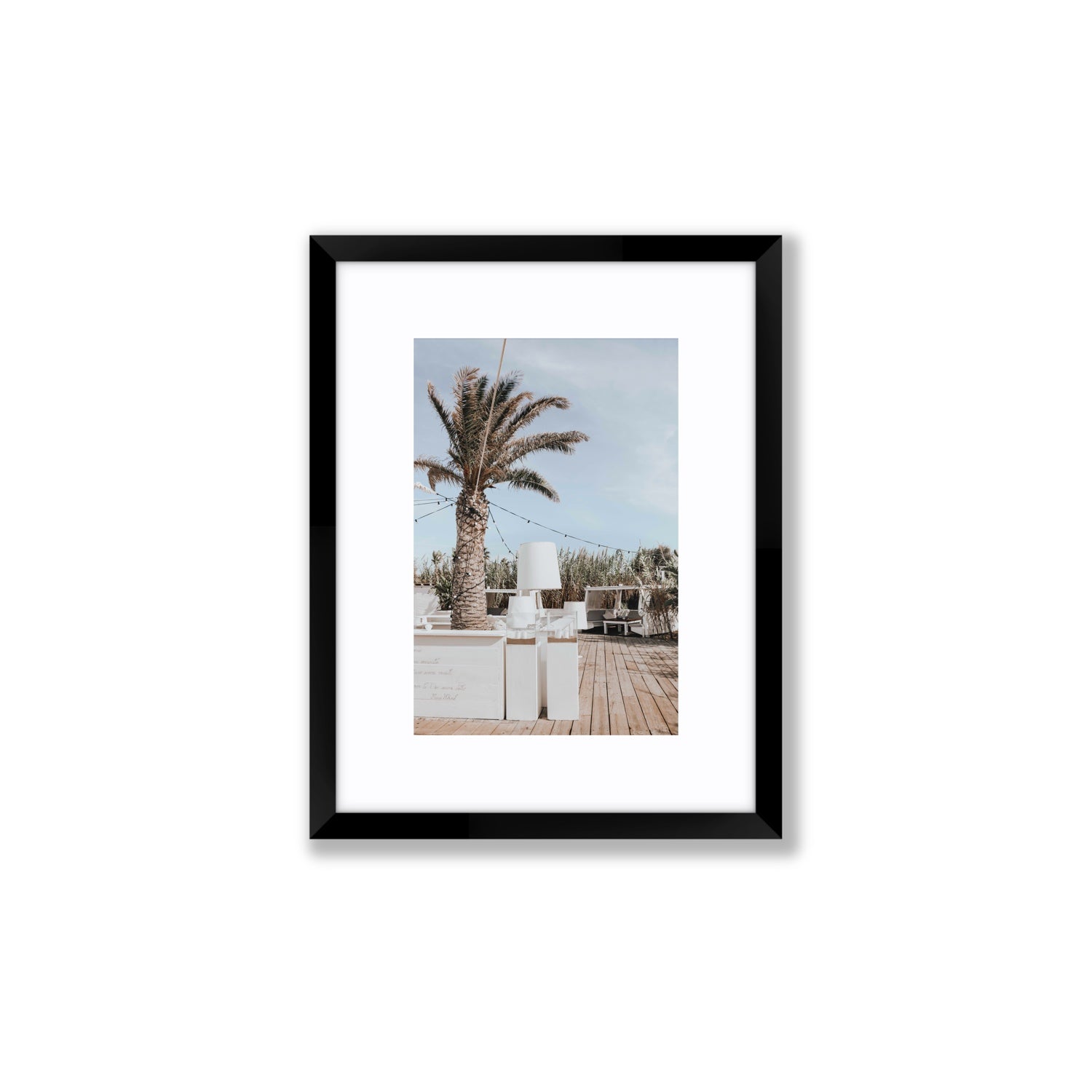 Seabreeze Palm Puglia coastal beach wall art Small fine art print in black frame with matboard