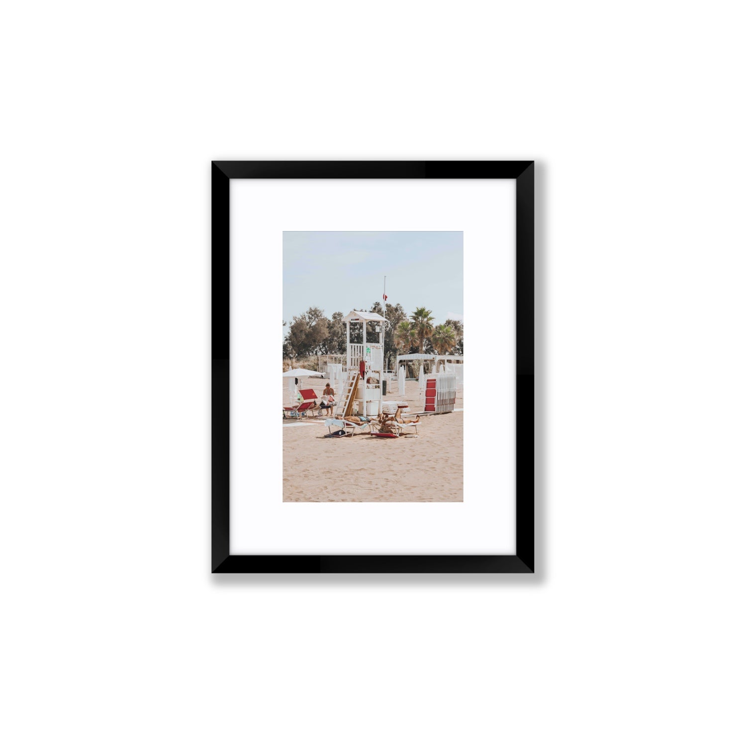 Red Lounge Reverie Puglia beach coastal wall art Small fine art print in black frame with matboard