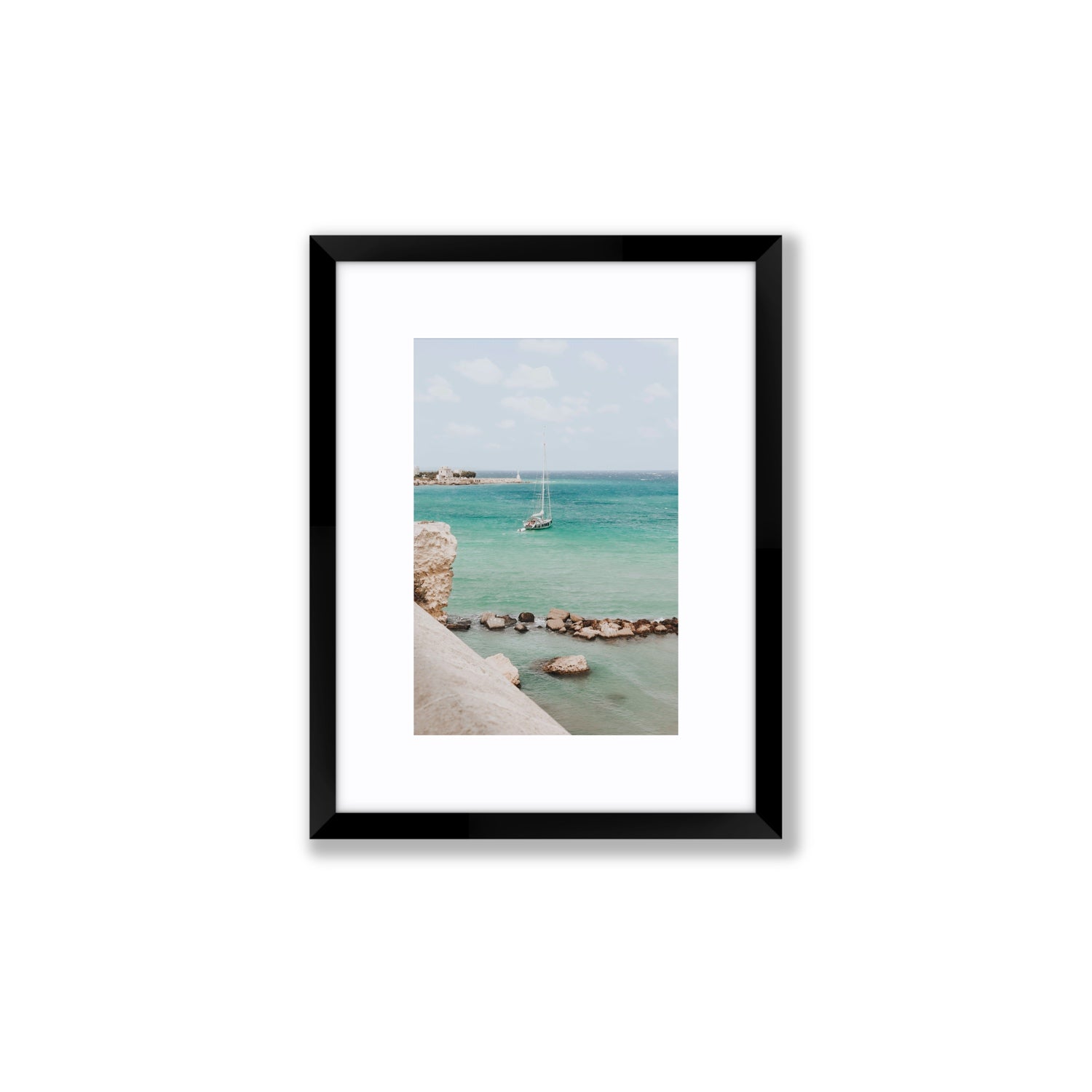 Seafarer's Dream Puglia Seafarer’s Dream coastal wall art Small fine art print in black frame with matboard