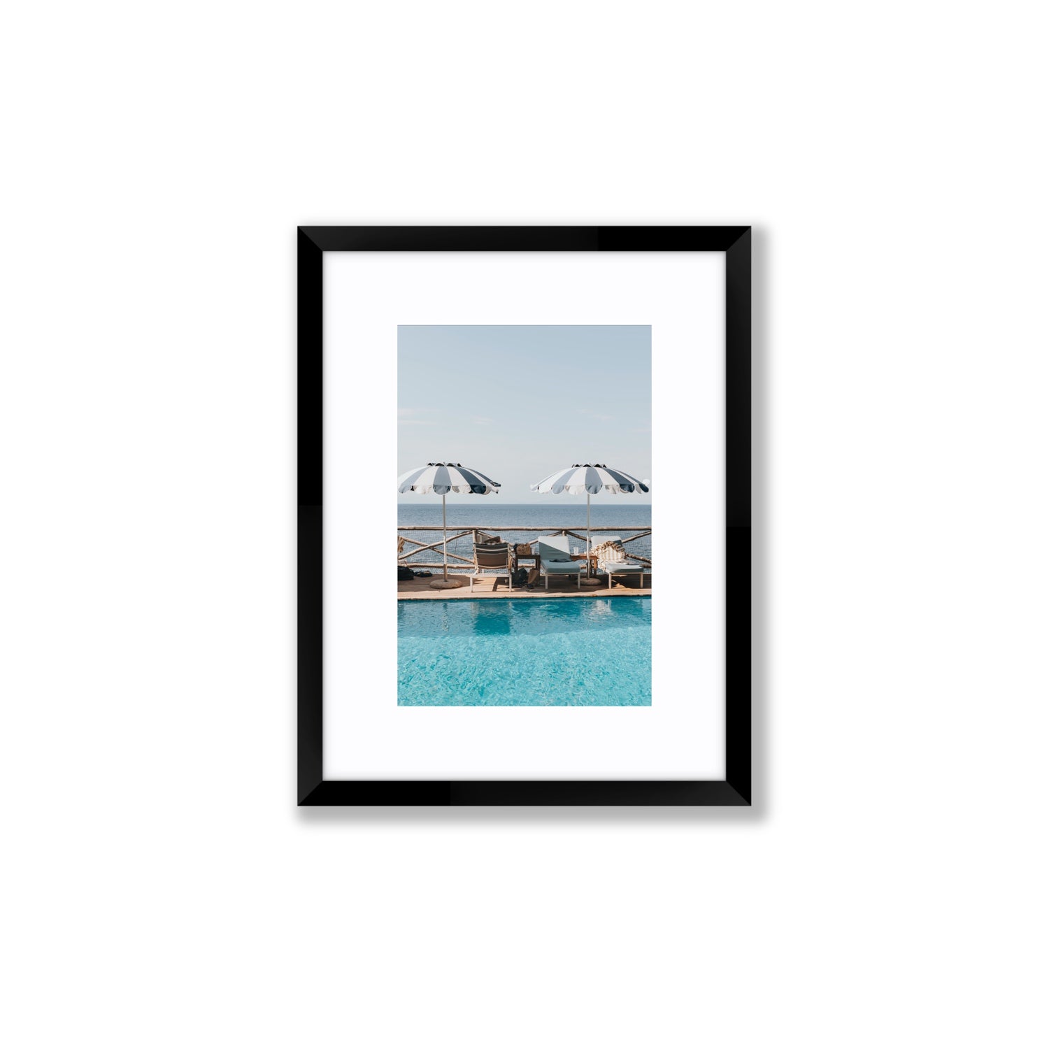 Beach Retreat fine art print, Ischia, Italy, european beach clubs artwork, Small, Black Frame · Matboard, Fine Art Print