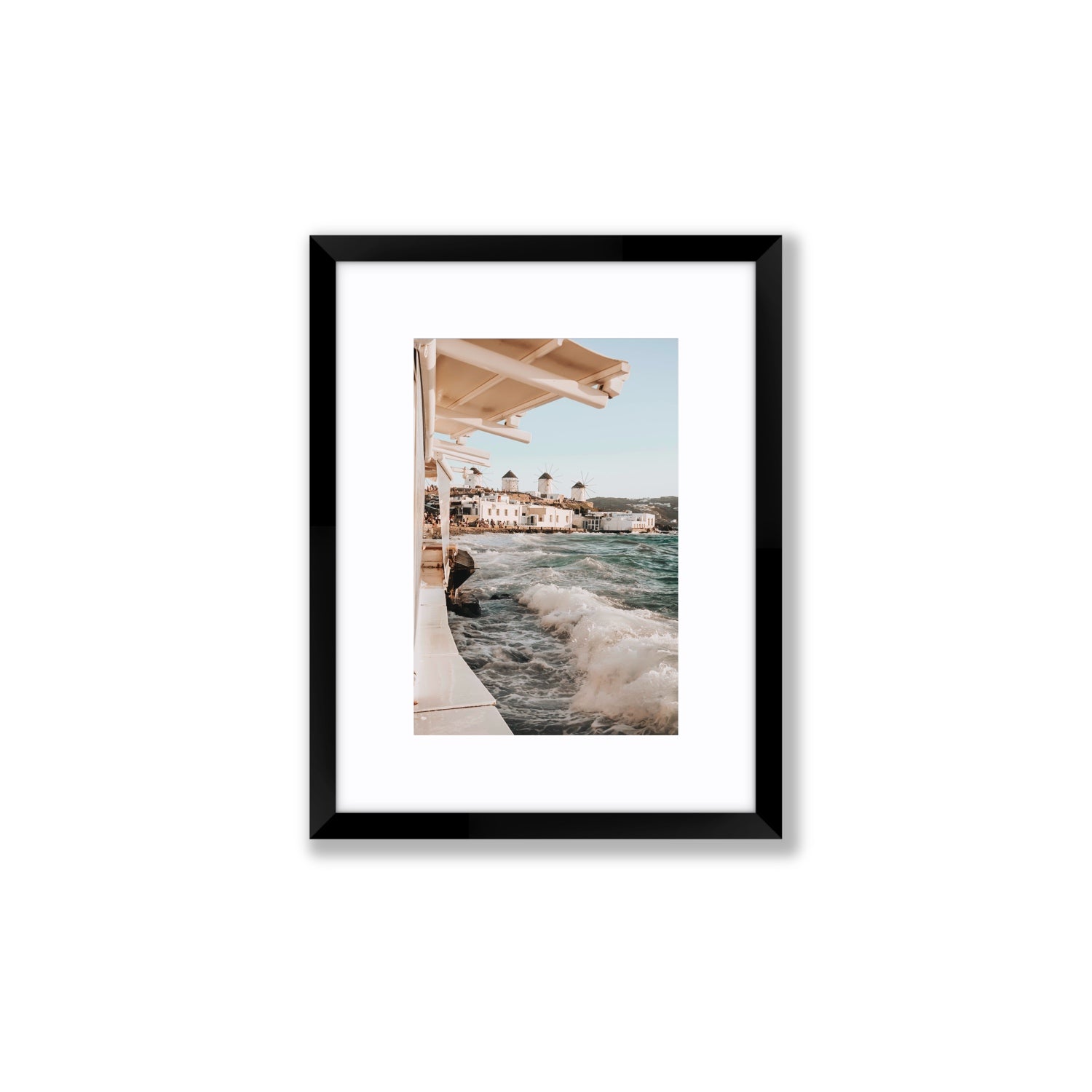 Windmills Mykonos Greek island wall art Small fine art print in black frame with matboard