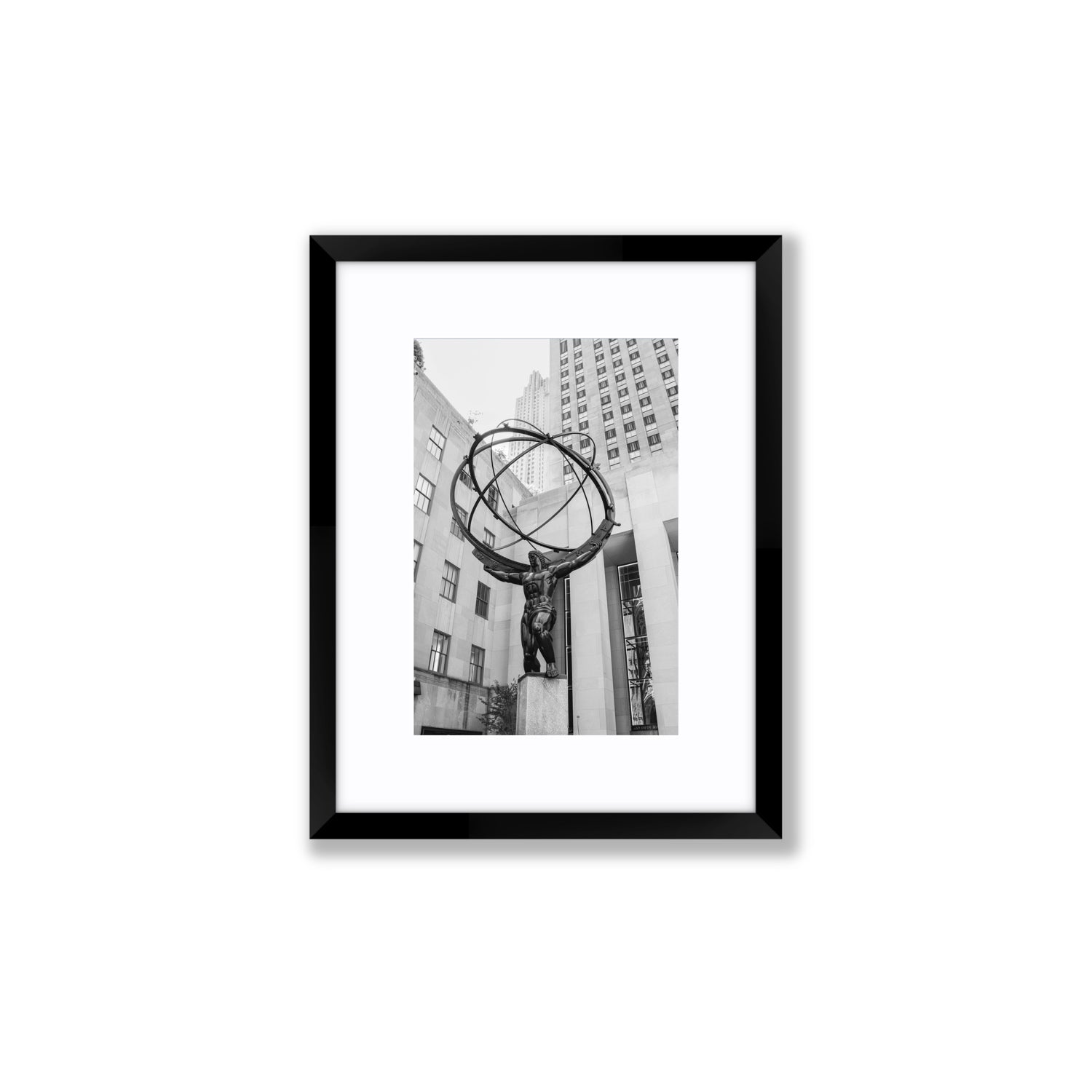 Atlas Ascends New York NYC Black & White wall art Small fine art print in black frame with matboard