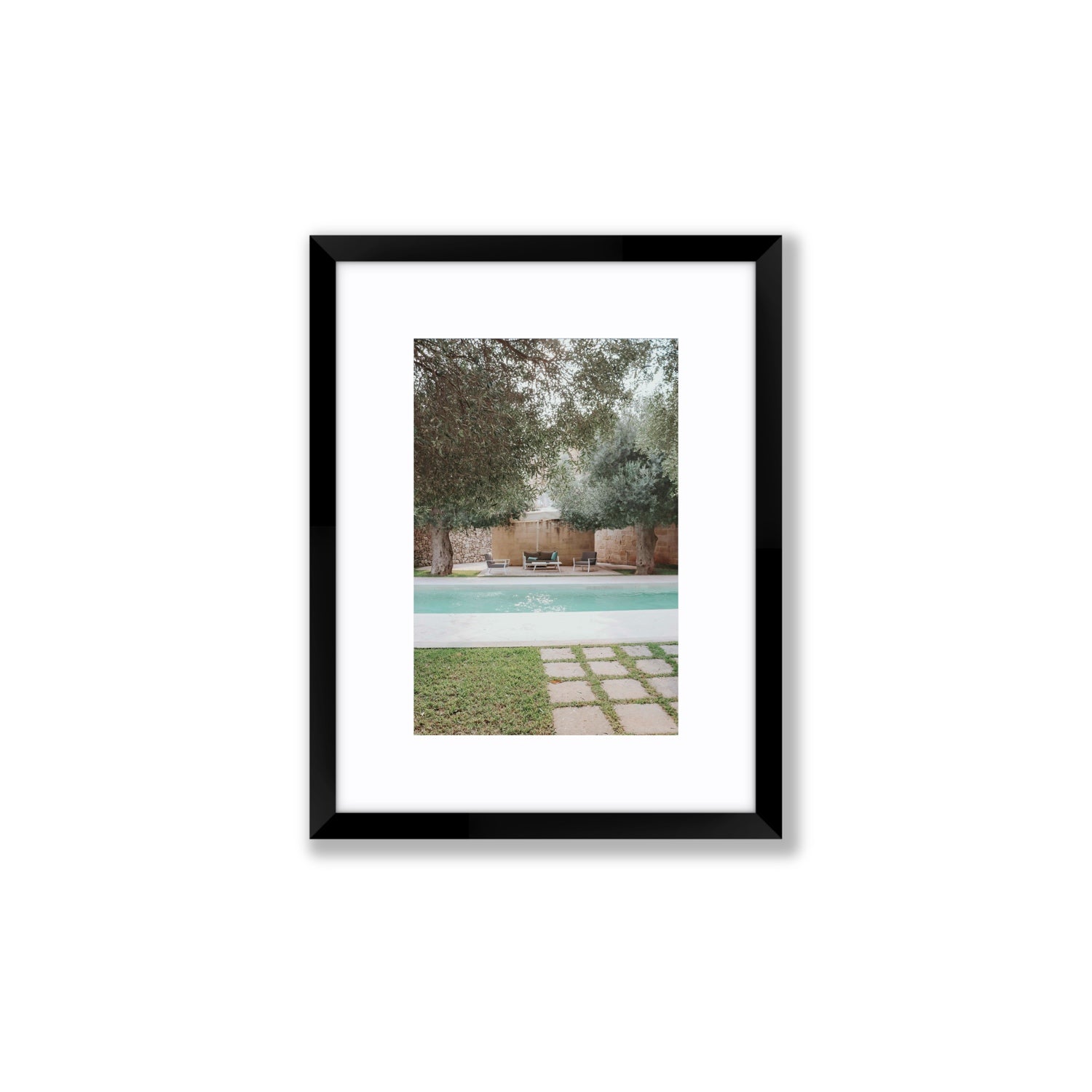 Idyllic Escape Puglia Mediterranean wall art Small fine art print in black frame with matboard