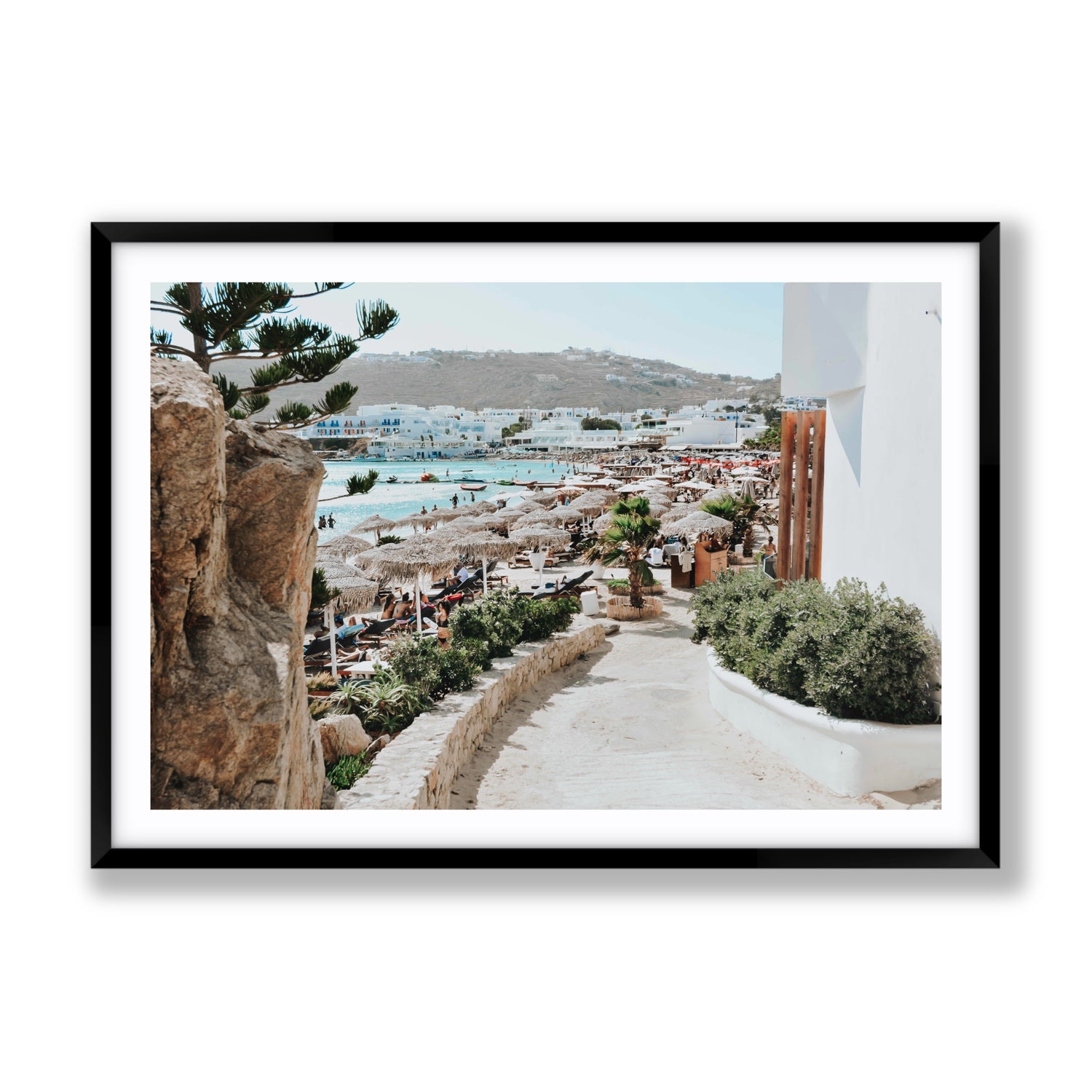 Kalimera Mykonos Greek island wall art Gallery fine art print in black frame with matboard