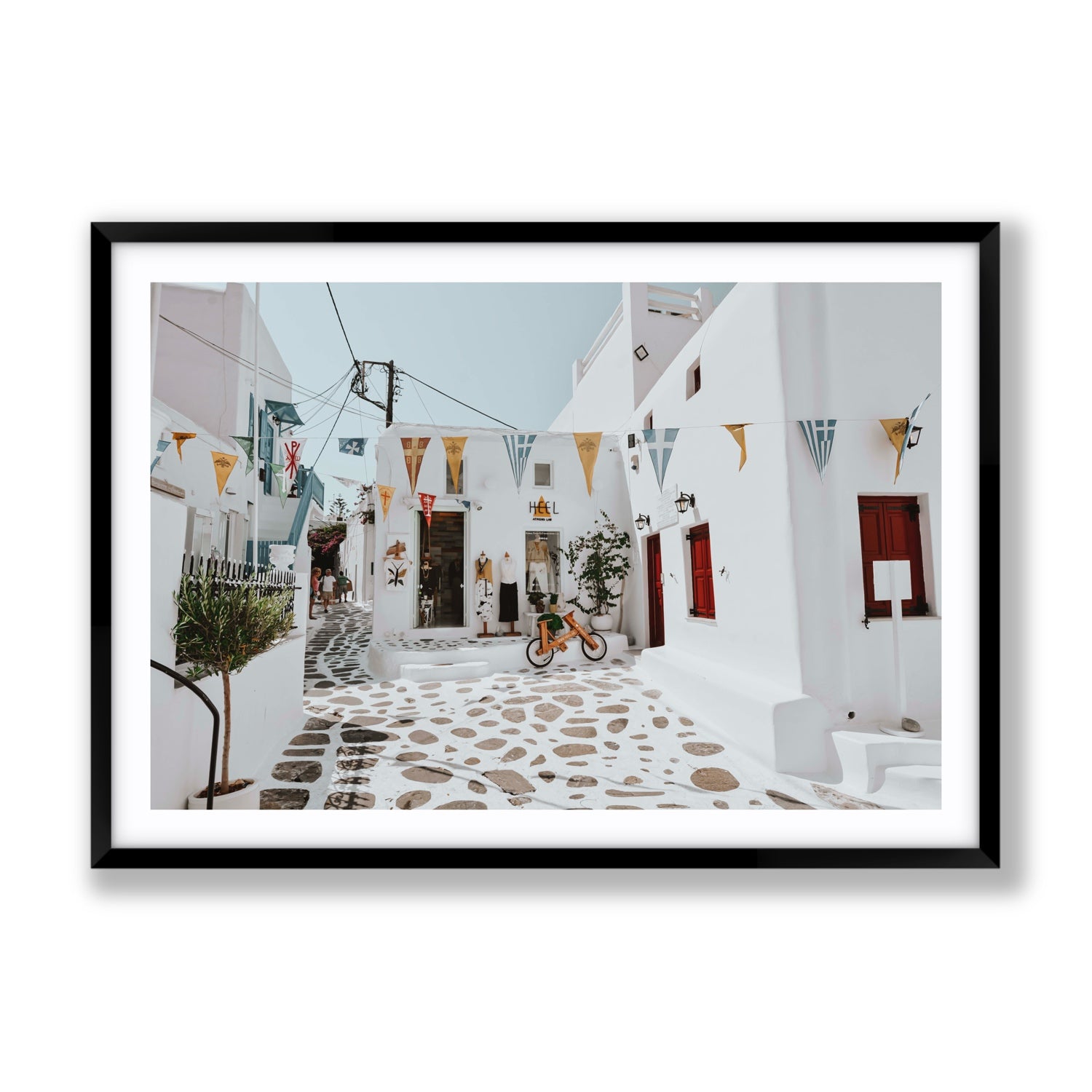 Cruising The Streets Mykonos Greek island wall art Gallery fine art print in black frame with matboard