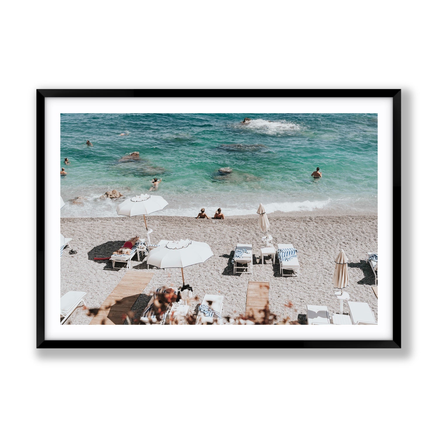 Amicizia Amalfi Italian beach wall art Gallery fine art print in black frame with matboard