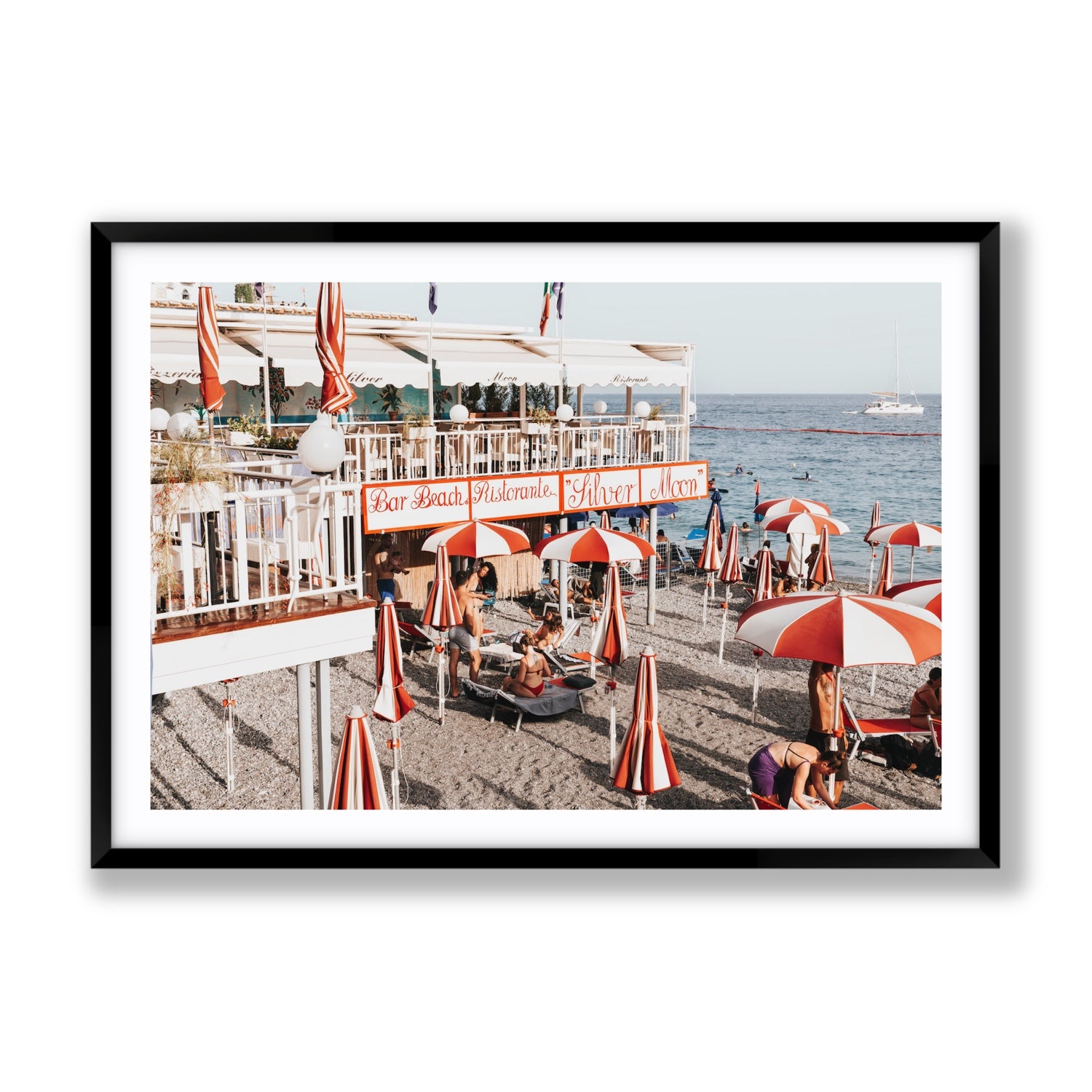 Silver Moon Amalfi Mediterranean wall art Gallery fine art print in black frame with matboard