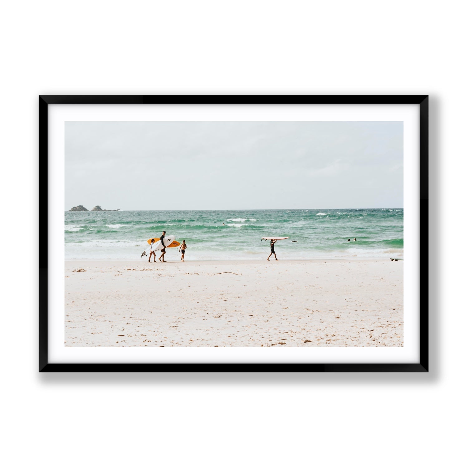 La Famiglia Byron Bay Family Surf coastal wall art Gallery fine art print in black frame with matboard