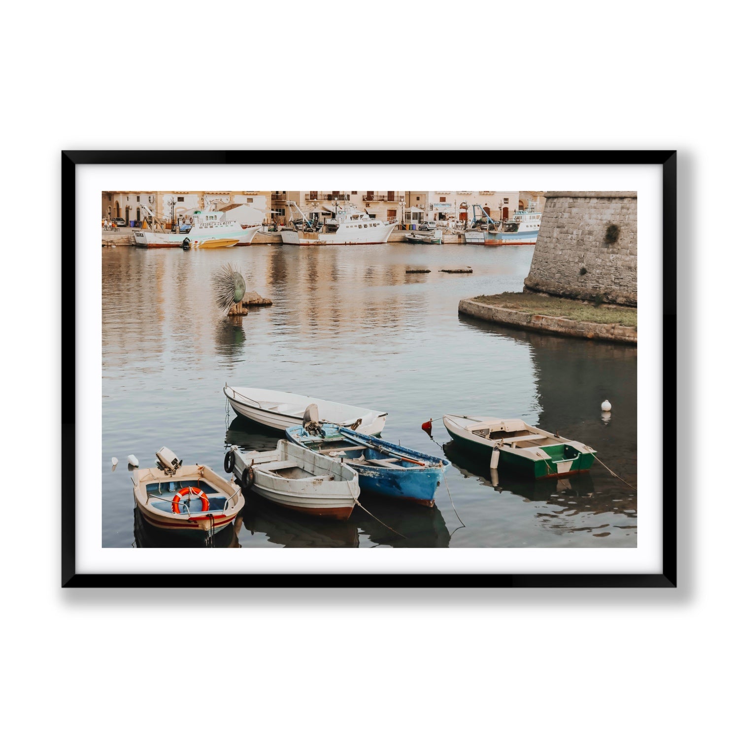 Cinque Barche Puglia Gallipoli Italian art print Gallery fine art print in black frame with matboard