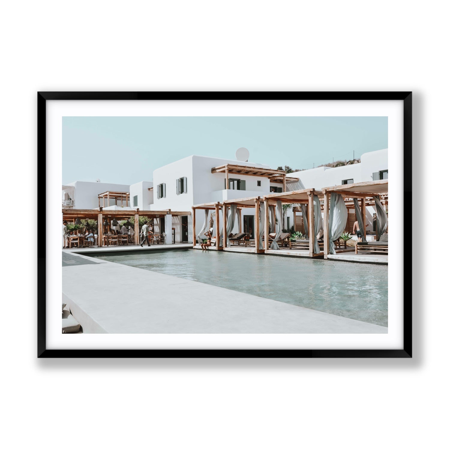 Polytelís Mykonos Greek island wall art Gallery fine art print in black frame with matboard