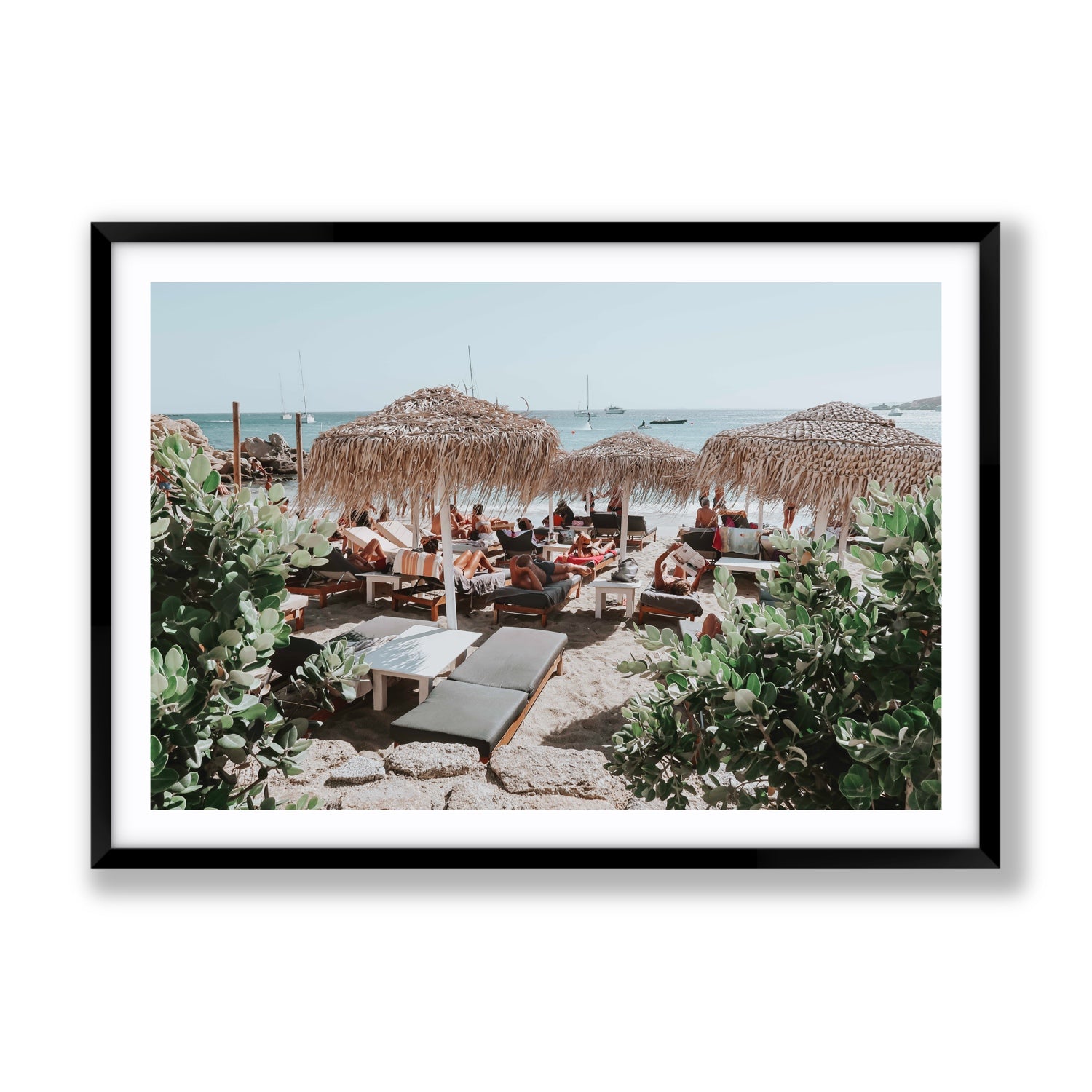 Greek Haven Mykonos Greek island coastal wall art Gallery fine art print in black frame with matboard