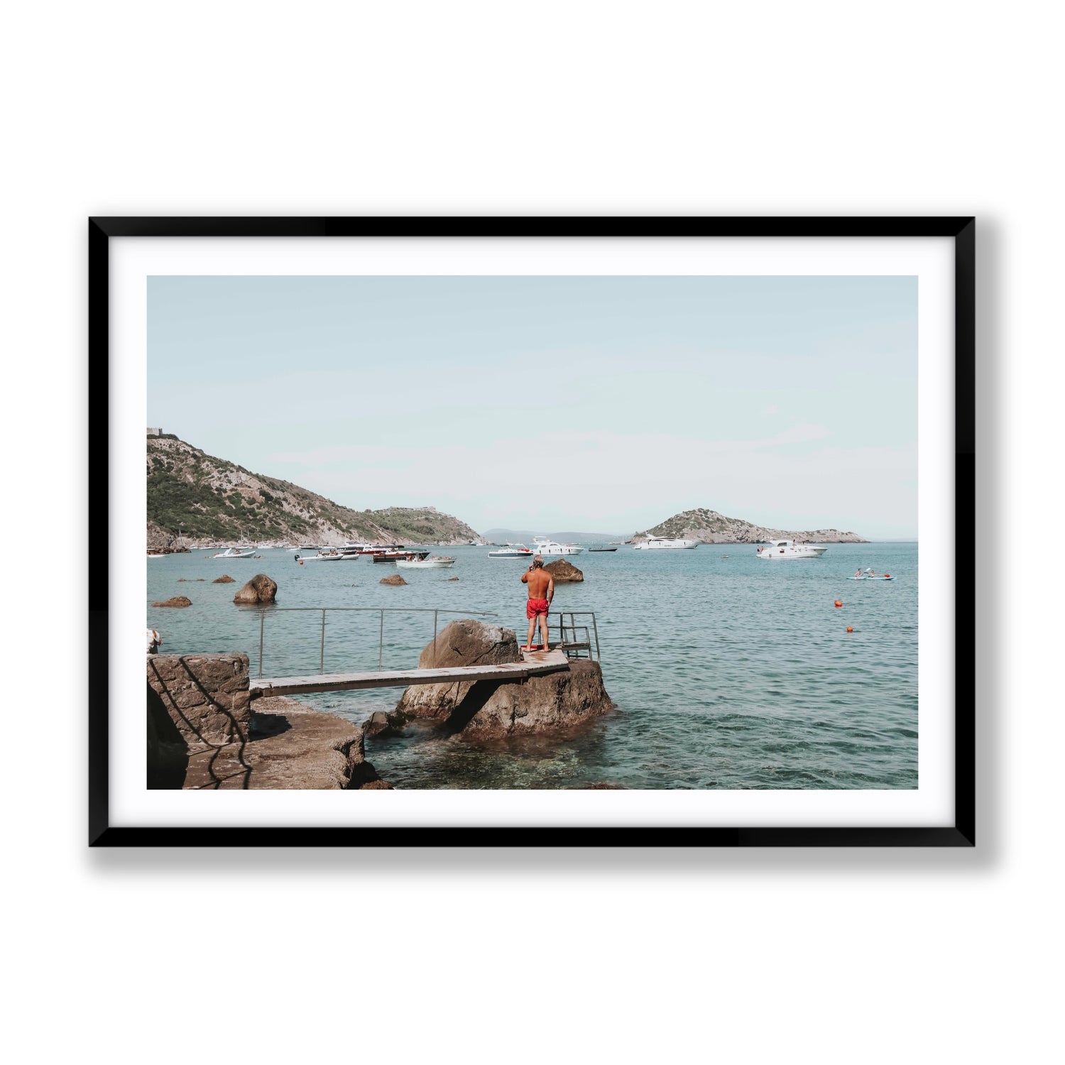 Out Of Office Tuscany coastal Italian wall art Gallery fine art print in black frame with matboard