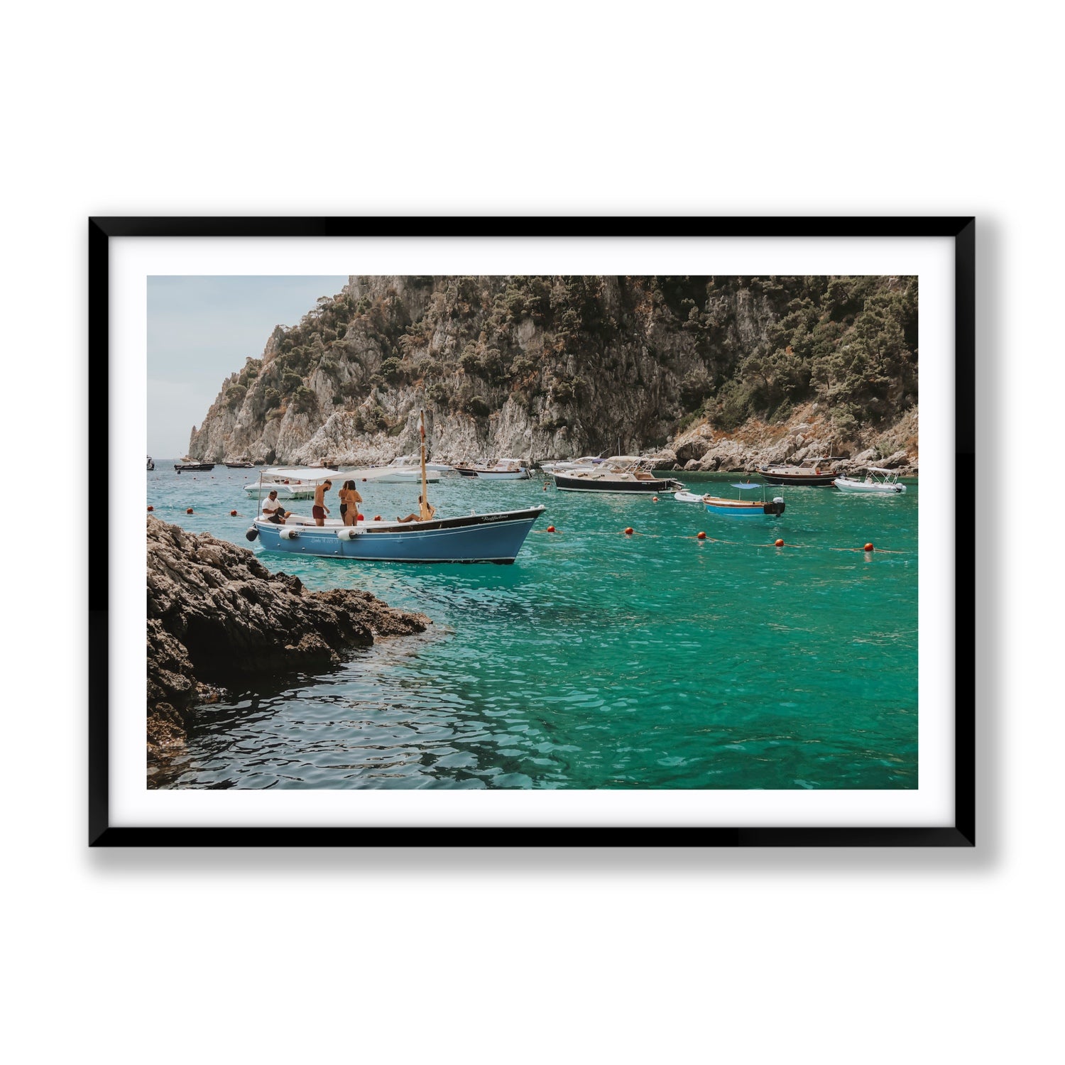 Cozy Cove Capri coastal Mediterranean wall art Gallery fine art print in black frame with matboard