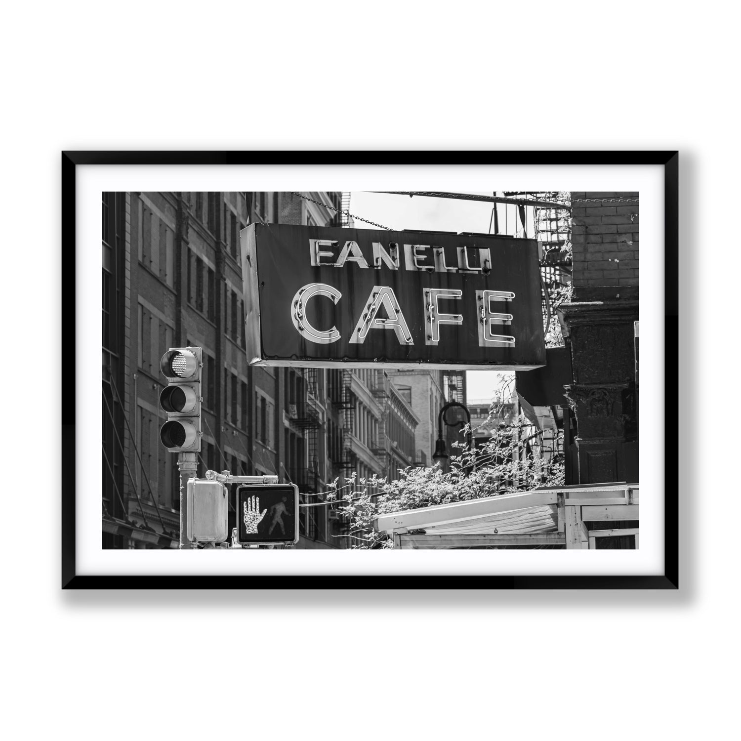 Soho Neon New York NYC Black & White wall art Gallery fine art print in black frame with matboard