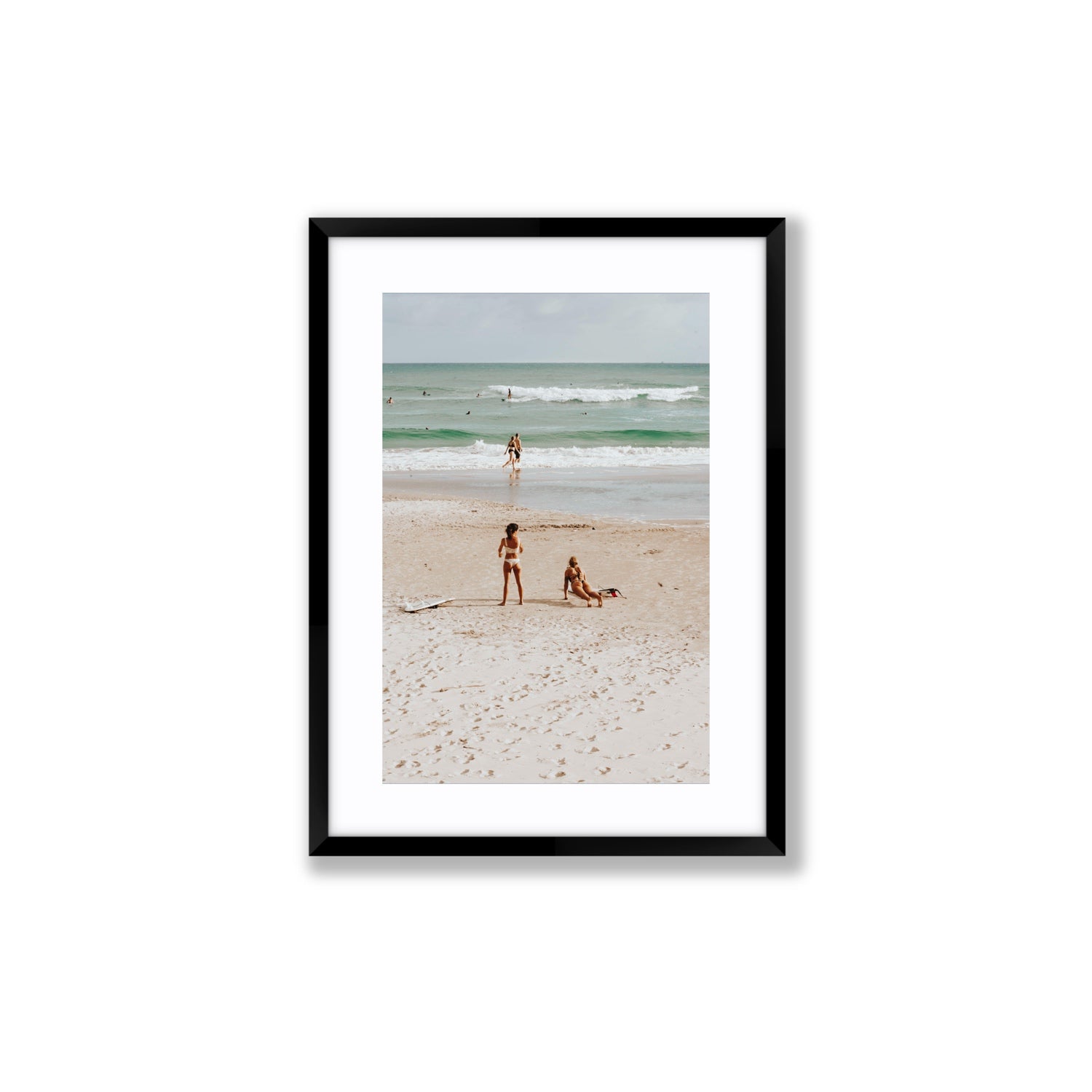 Gidget & Betty Byron Bay beach coastal wall art Medium fine art print in black frame with matboard