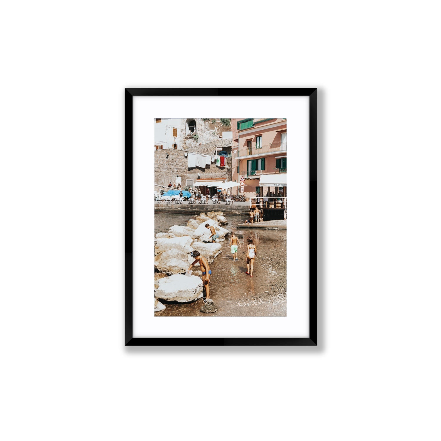 The Beachcombers Sorrento beach coastal wall art Medium fine art print in black frame with matboard