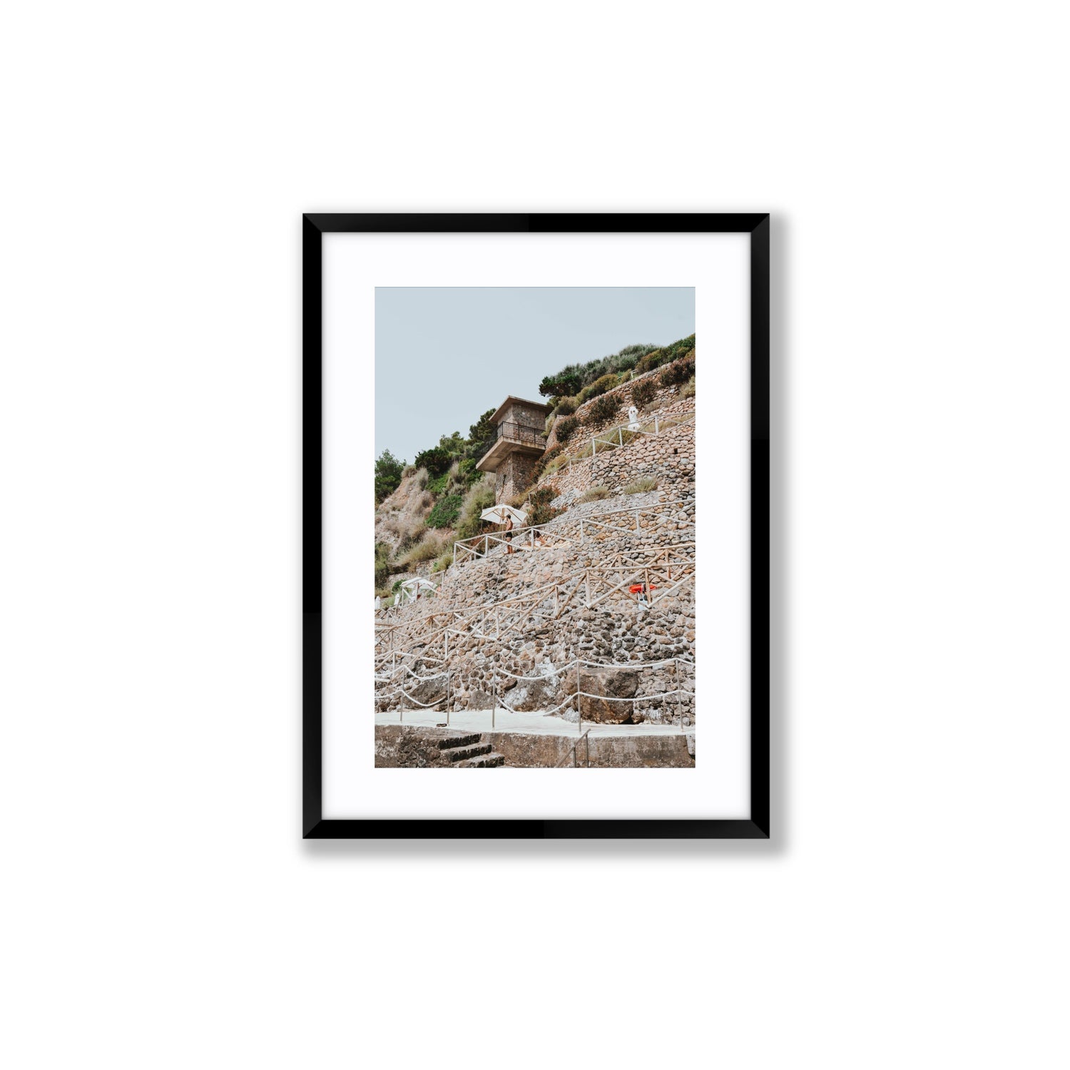 Solitude by the Sea Tuscany coastal Italian wall art Medium fine art print in black frame with matboard