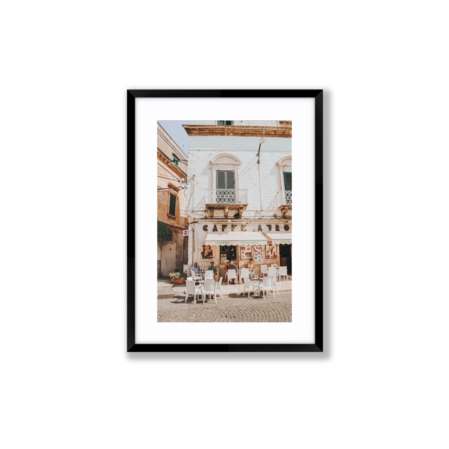 Cafe Ostuni Puglia Café Ostuni Italian wall art Medium fine art print in black frame with matboard