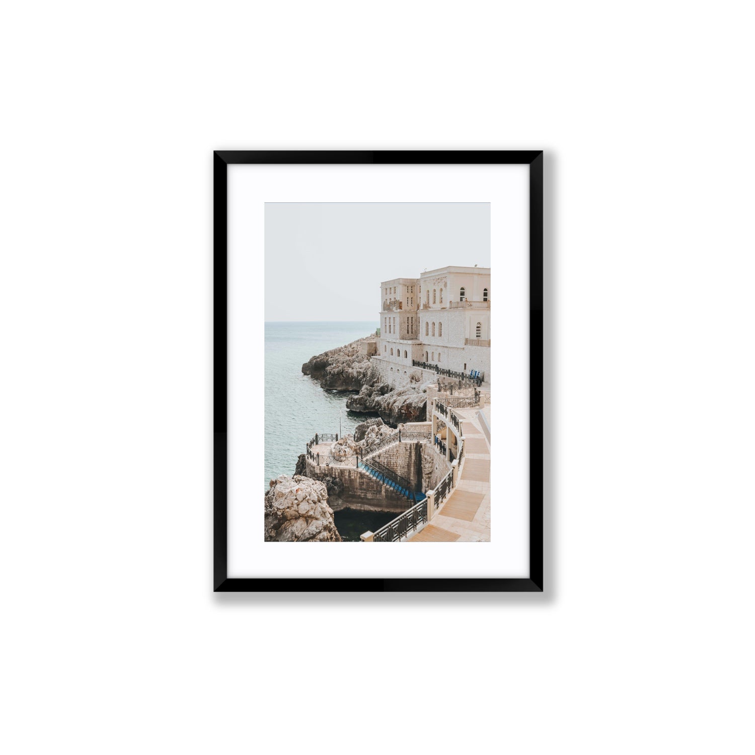 Santa Cesarea Puglia Italian coastal wall art Medium fine art print in black frame with matboard