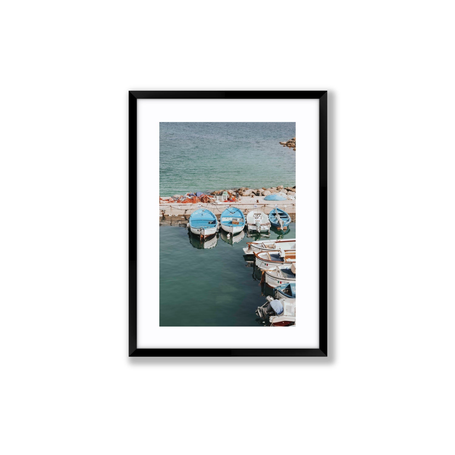 Maritime Memories Puglia Harbour Reflections coastal wall art Medium fine art print in black frame with matboard