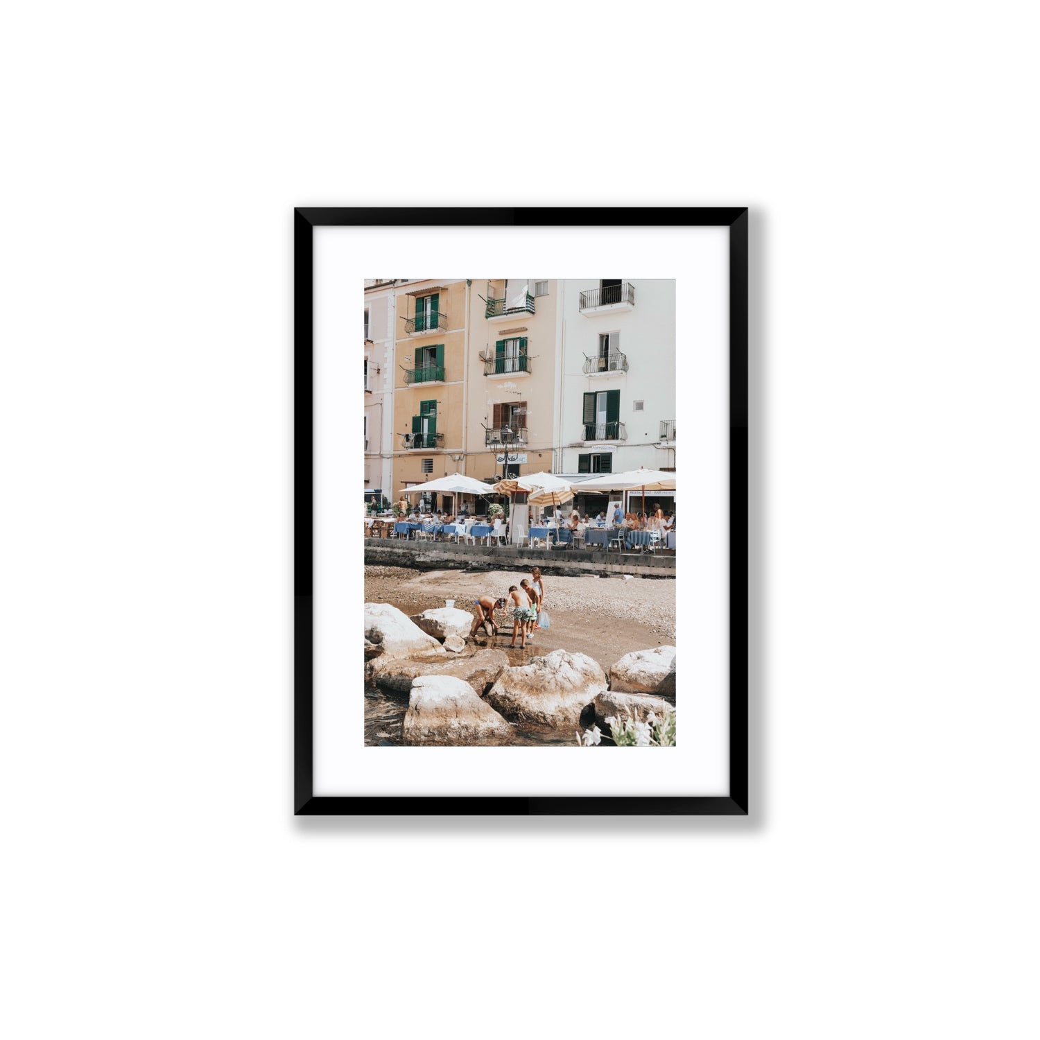 Sunny Playtime Sorrento coastal wall art Medium fine art print in black frame with matboard