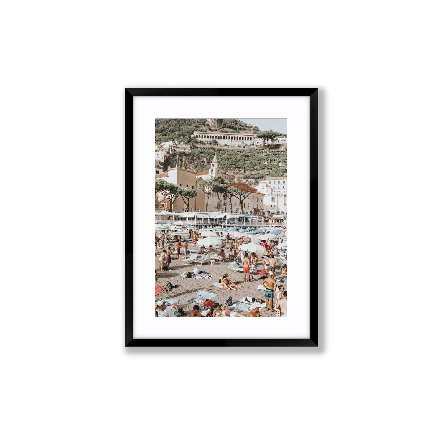 Festa In Spiaggia Amalfi coastal wall art Medium fine art print in black frame with matboard