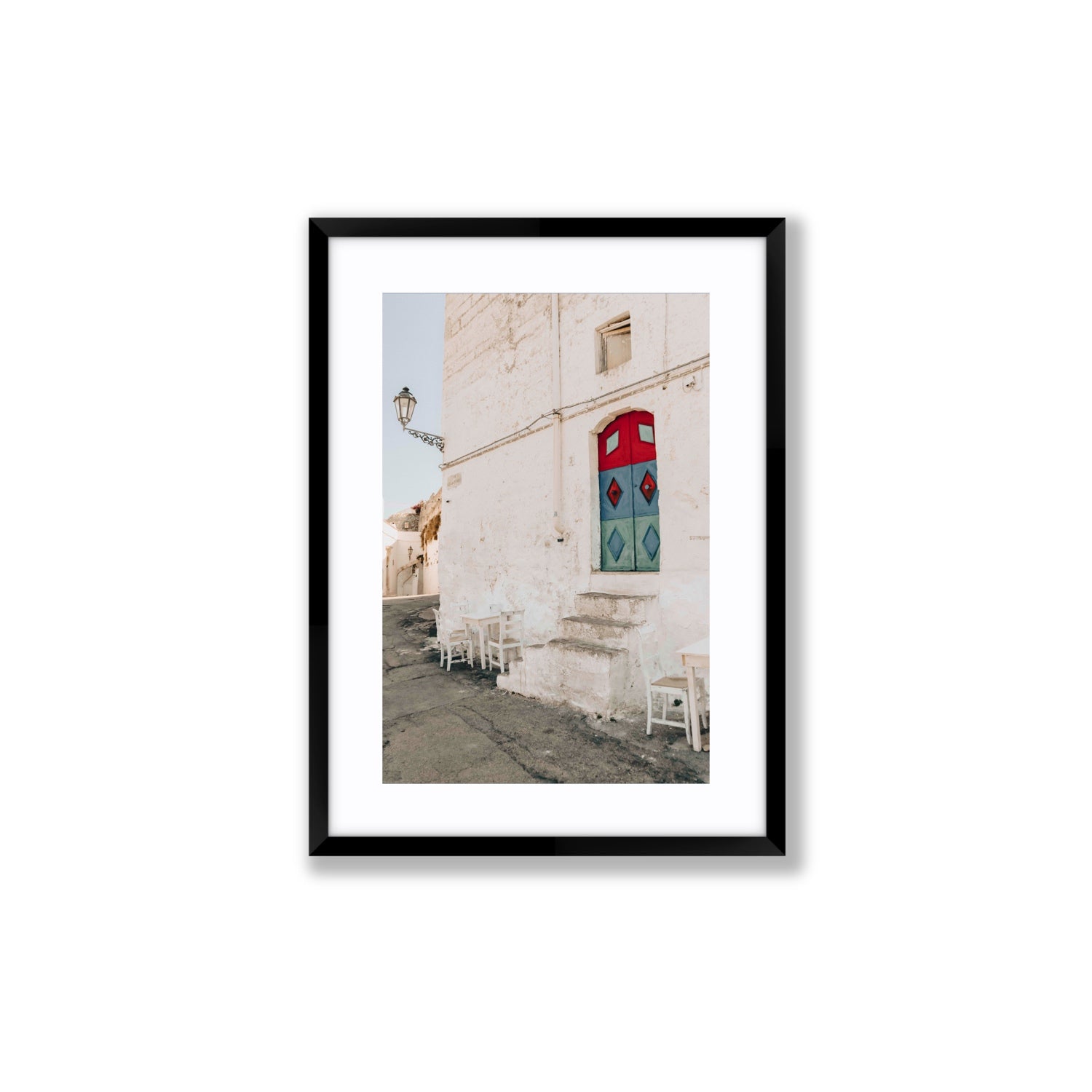 Doorway Delight Puglia Ostuni wall art Medium fine art print in black frame with matboard