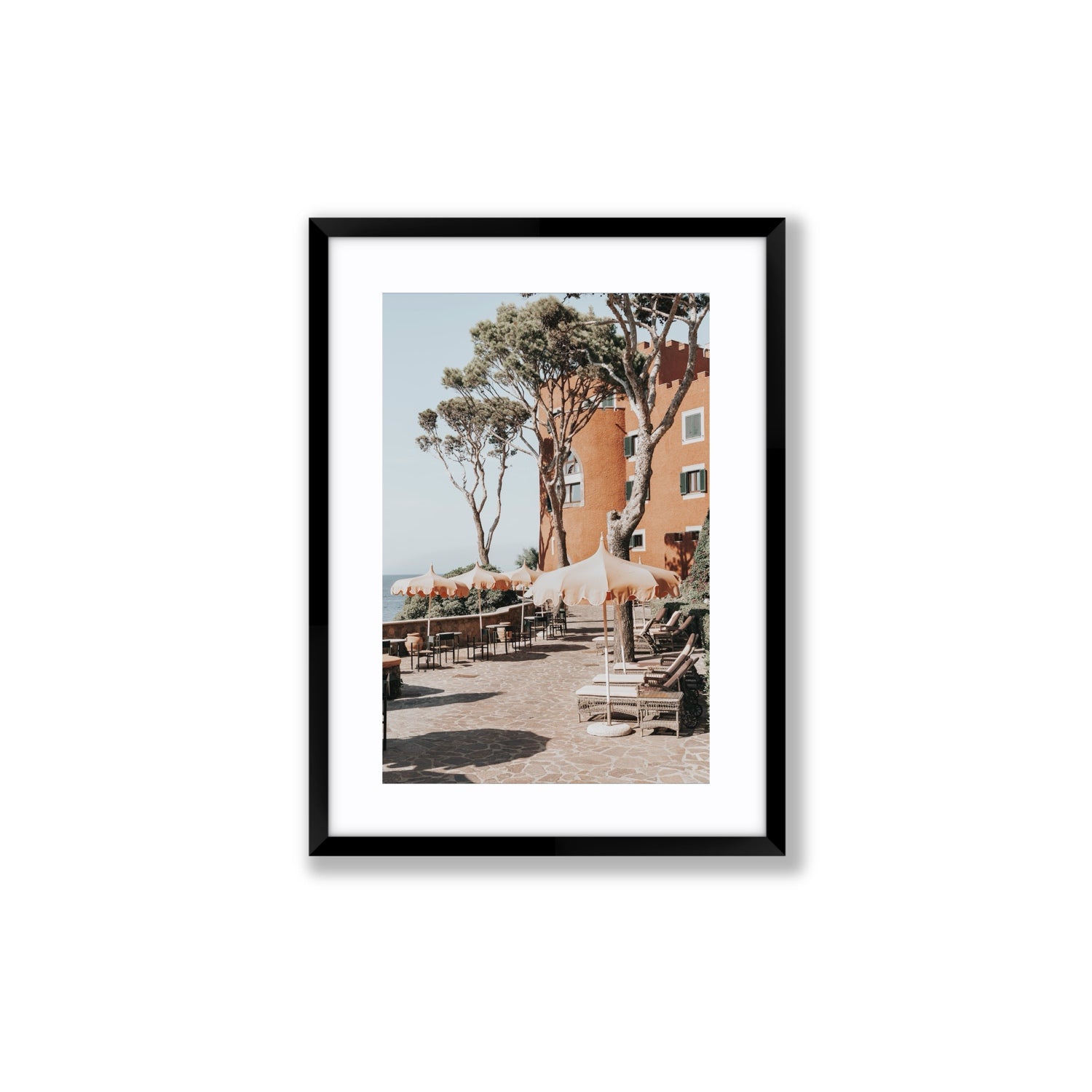Mezzatorre Ischia Italian Mediterranean decor wall art Medium fine art print in black frame with matboard