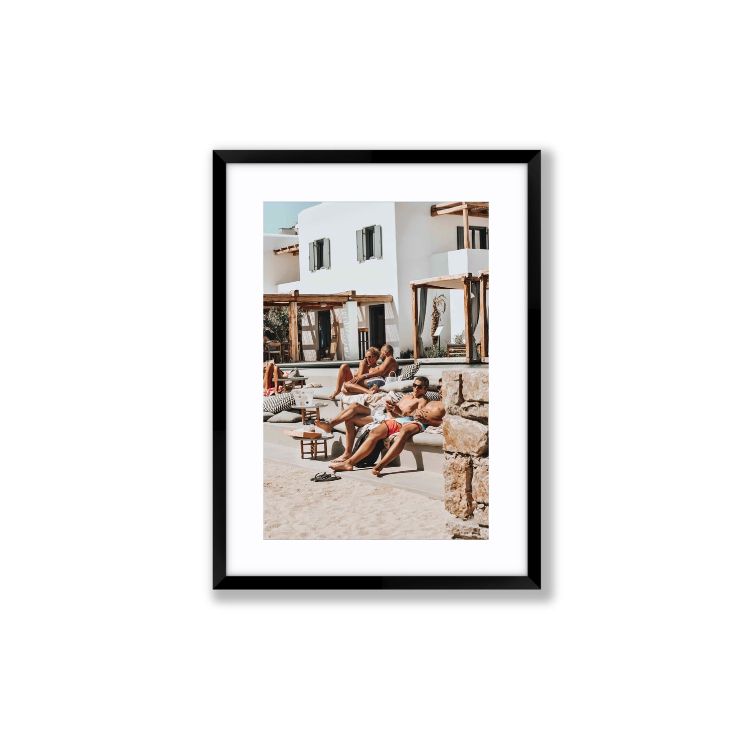 Style That Sizzles Mykonos Greek island wall art Medium fine art print in black frame with matboard