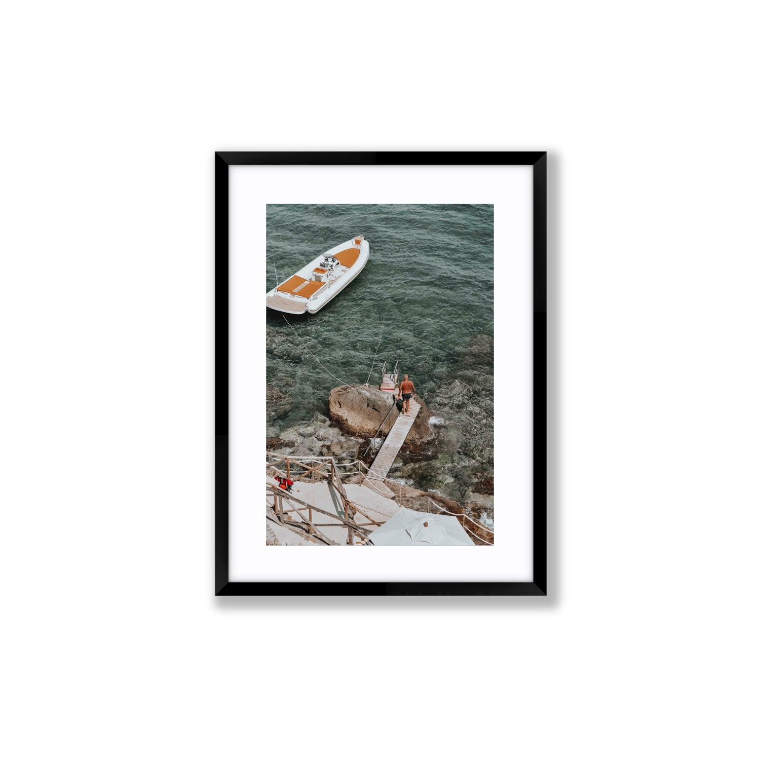 Secret Cove Tuscany coastal Italian wall art Medium fine art print in black frame with matboard
