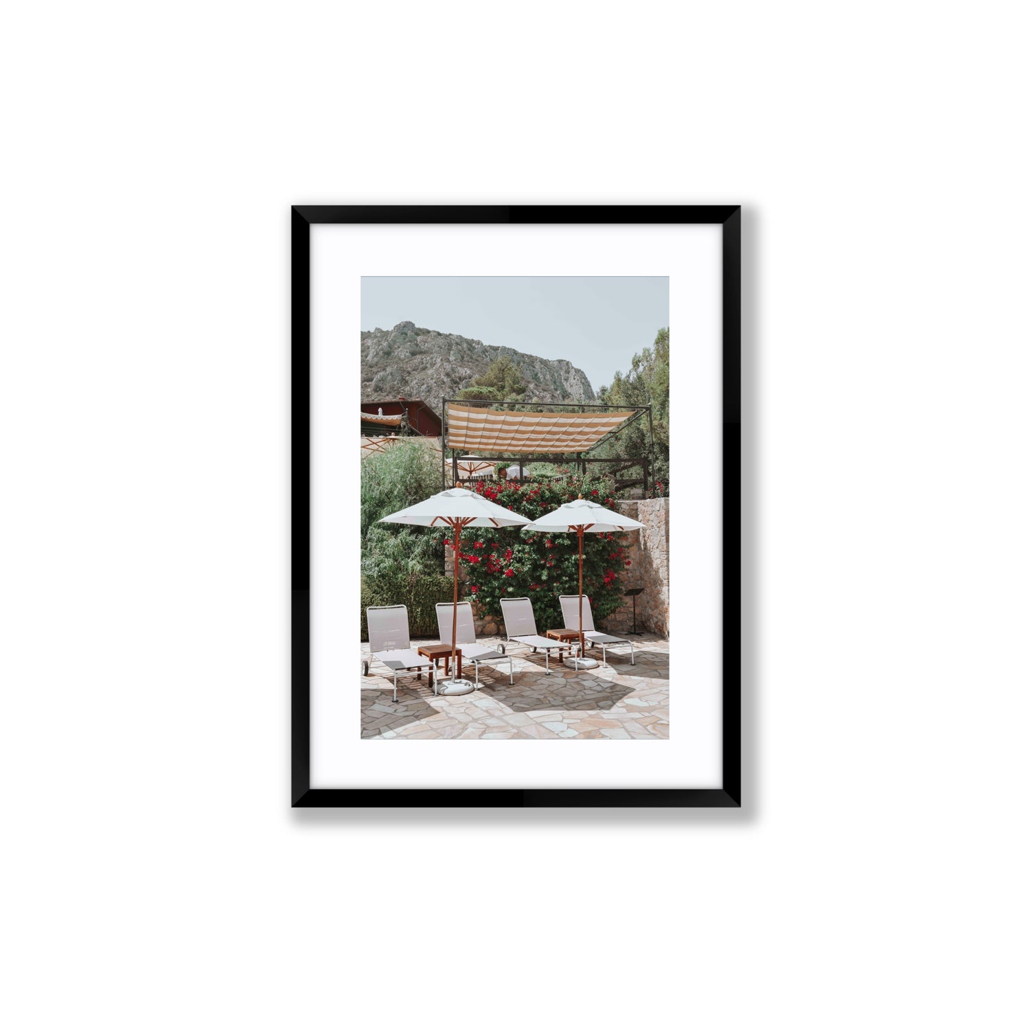Shades of Leisure Tuscany coastal Italian wall art Medium fine art print in black frame with matboard