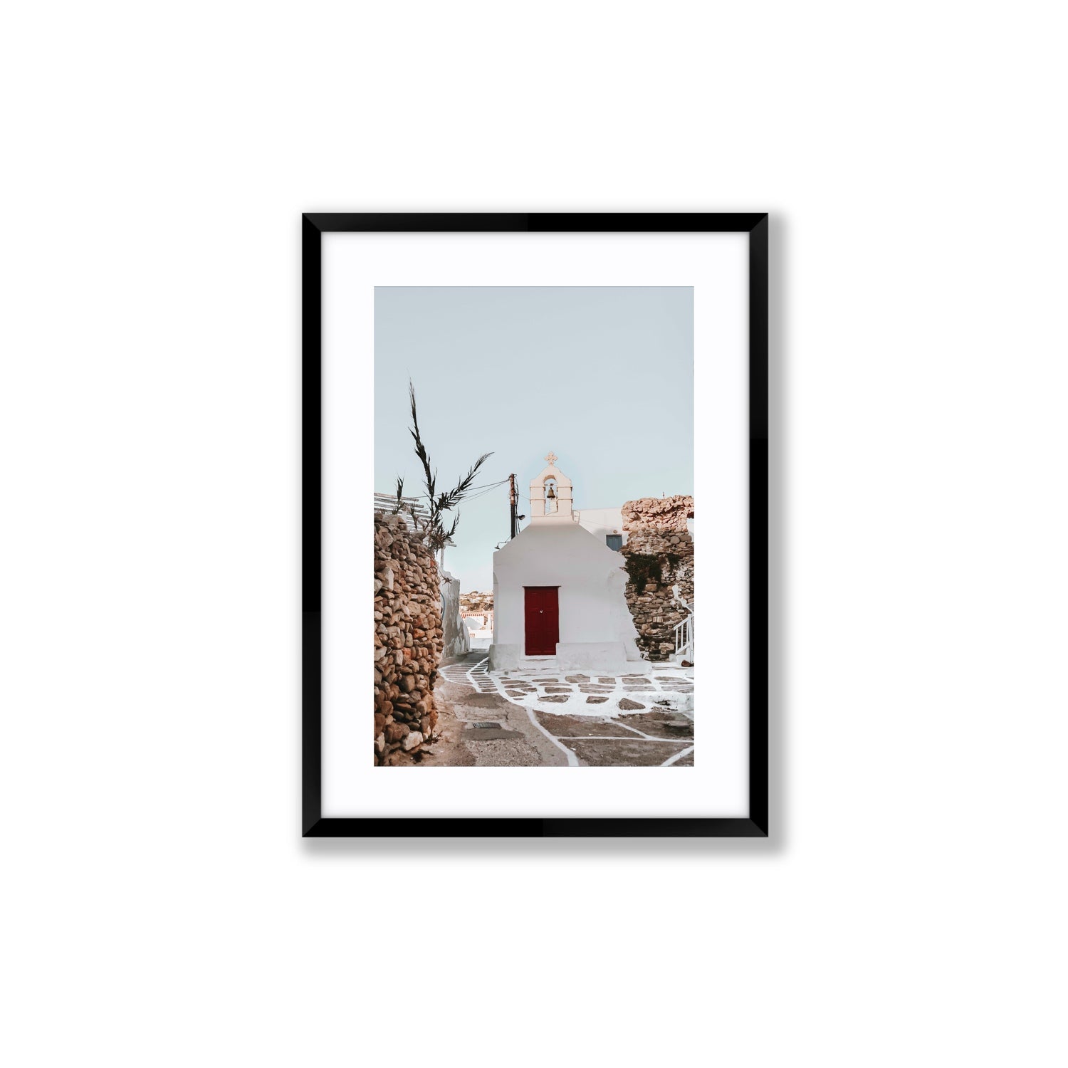 Little Chapel Mykonos Greek island wall art Medium fine art print in black frame with matboard
