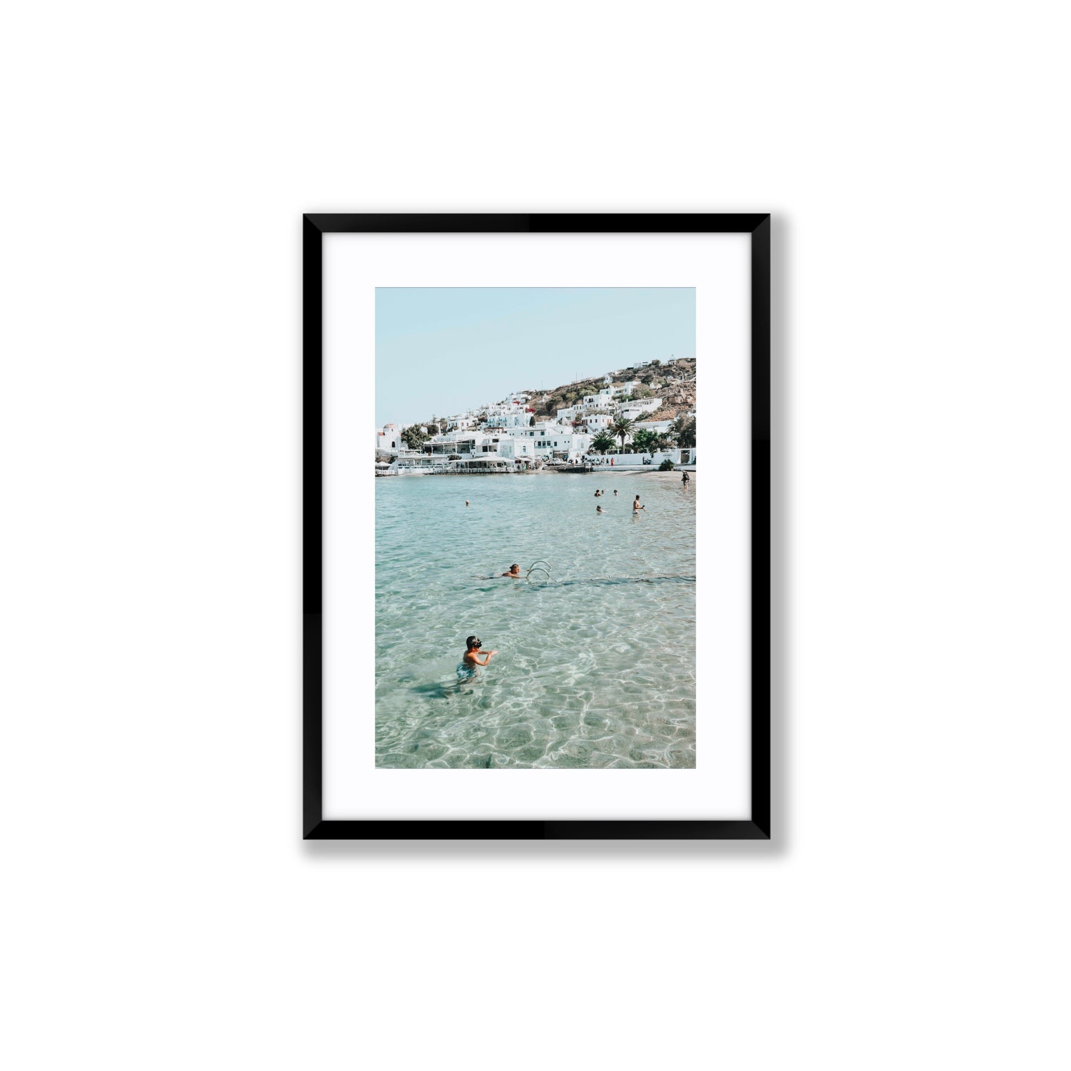 Beside The Seaside Mykonos beach Greek island wall art Medium fine art print in black frame with matboard
