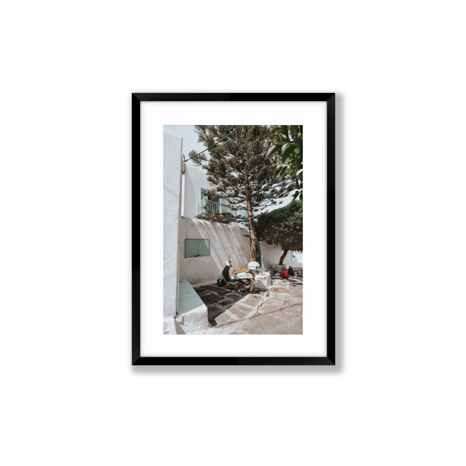 The Getaway Mykonos Mediterranean Greek island art print Medium fine art print in black frame with matboard