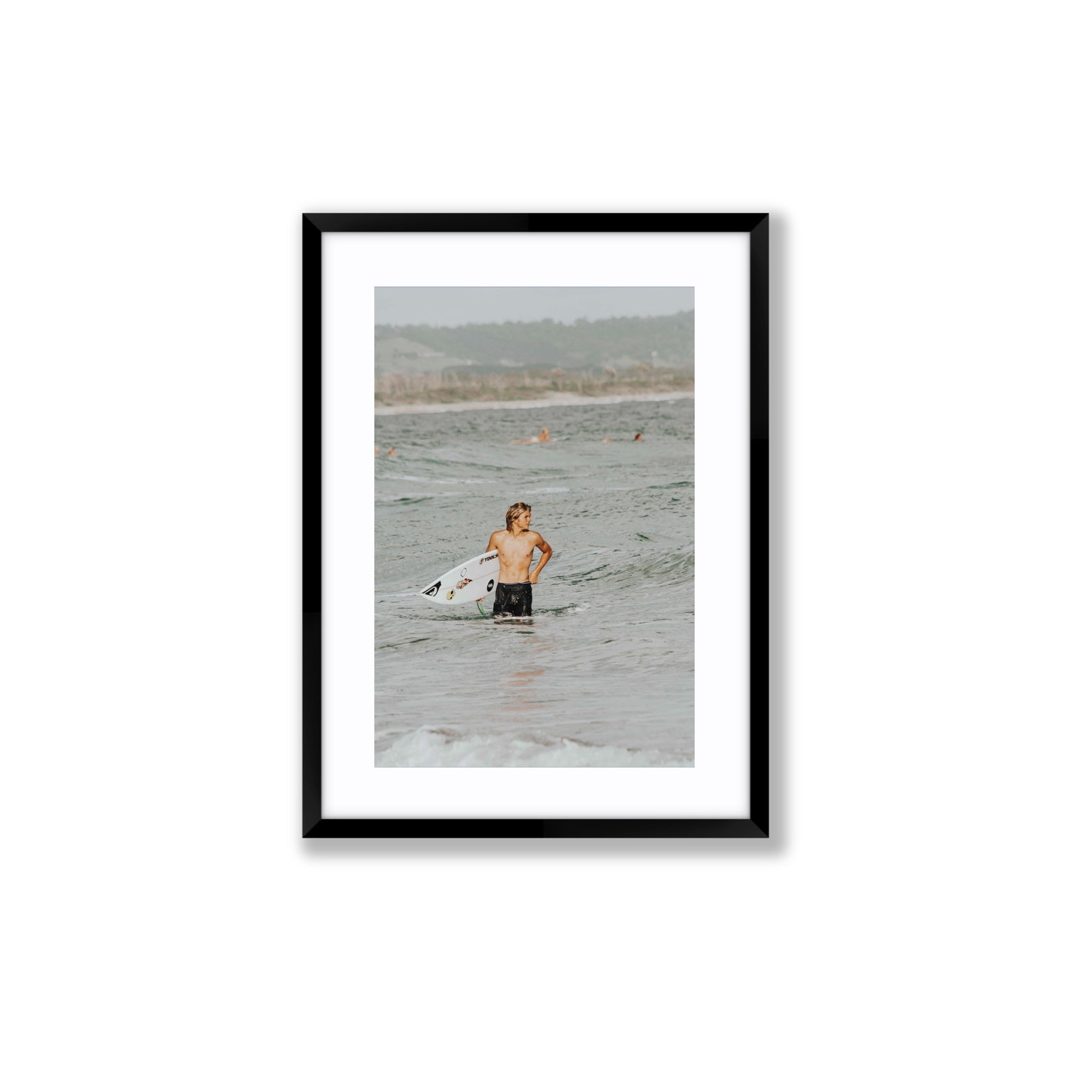 Chasing Mavericks Byron Bay Surf coastal wall art Medium fine art print in black frame with matboard