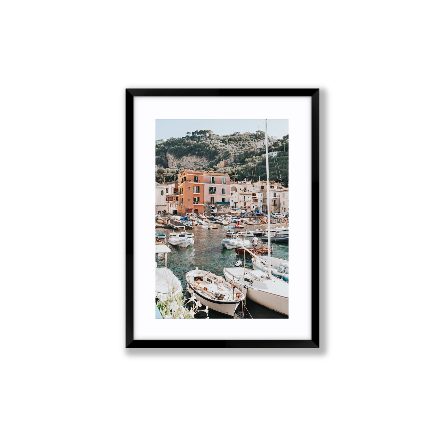 Marina Grande Sorrento coastal Italian wall art Medium fine art print in black frame with matboard